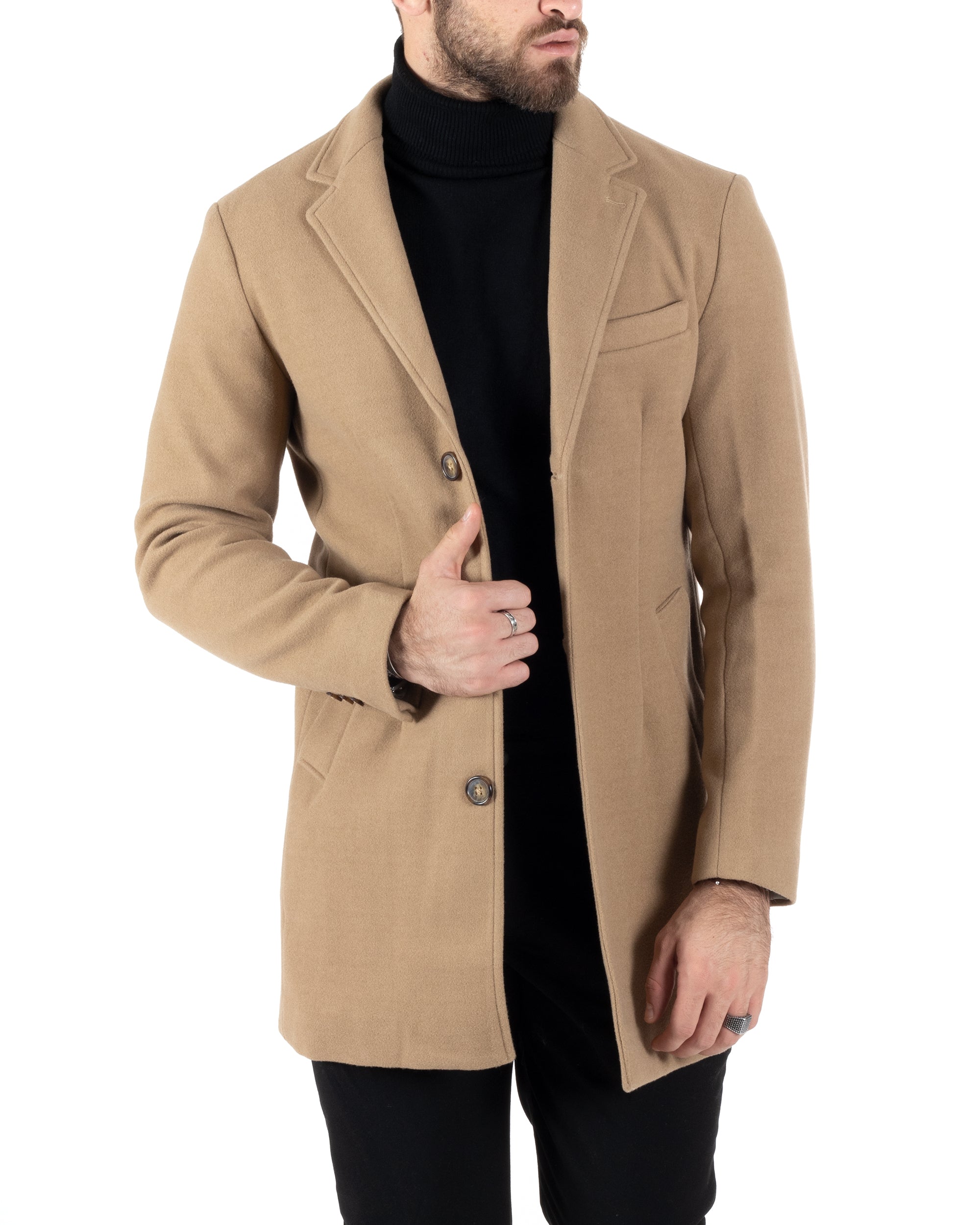 Cappotto Monopetto Uomo Giacca Colletto Reverse Giaccone Tinta Unita Camel Baronetto Elegante GIOSAL-CO1001A