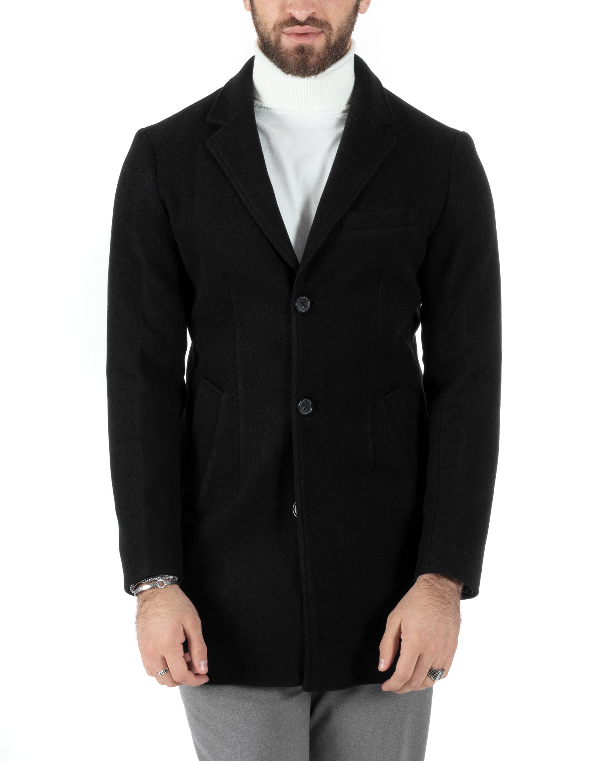 Cappotto Monopetto Uomo Giacca Colletto Rever Giaccone Tinta Unita Nero Baronetto Elegante GIOSAL-CO1002A