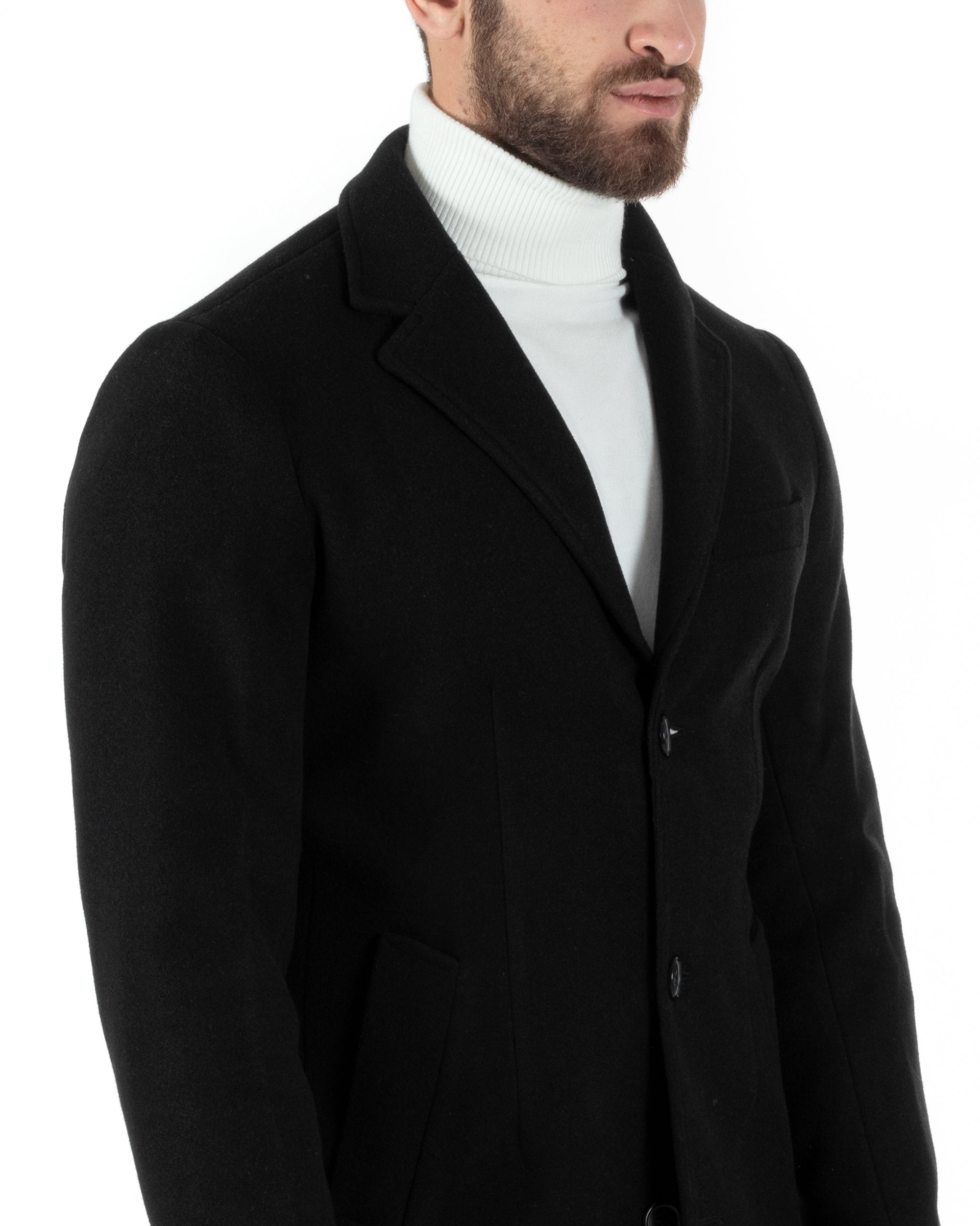 Cappotto Monopetto Uomo Giacca Colletto Rever Giaccone Tinta Unita Nero Baronetto Elegante GIOSAL-CO1002A