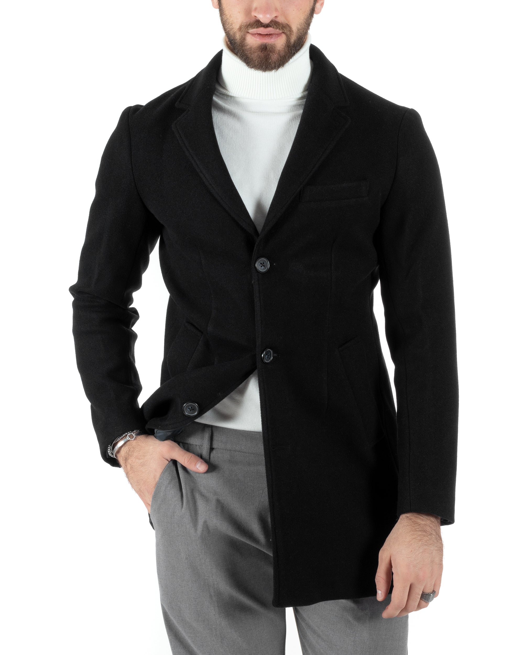 Cappotto Monopetto Uomo Giacca Colletto Rever Giaccone Tinta Unita Nero Baronetto Elegante GIOSAL-CO1002A