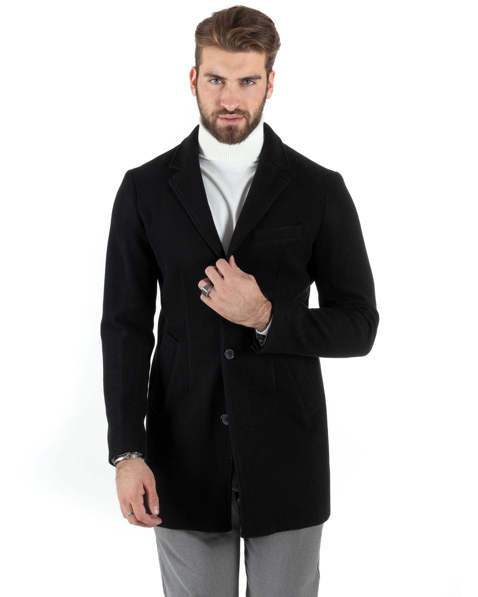 Cappotto Monopetto Uomo Giacca Colletto Rever Giaccone Tinta Unita Nero Baronetto Elegante GIOSAL-CO1002A