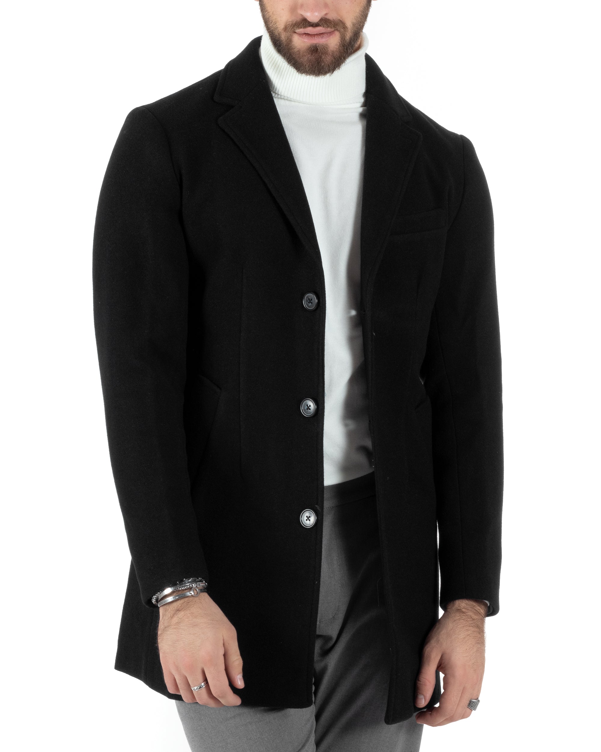Cappotto Monopetto Uomo Giacca Colletto Rever Giaccone Tinta Unita Nero Baronetto Elegante GIOSAL-CO1002A