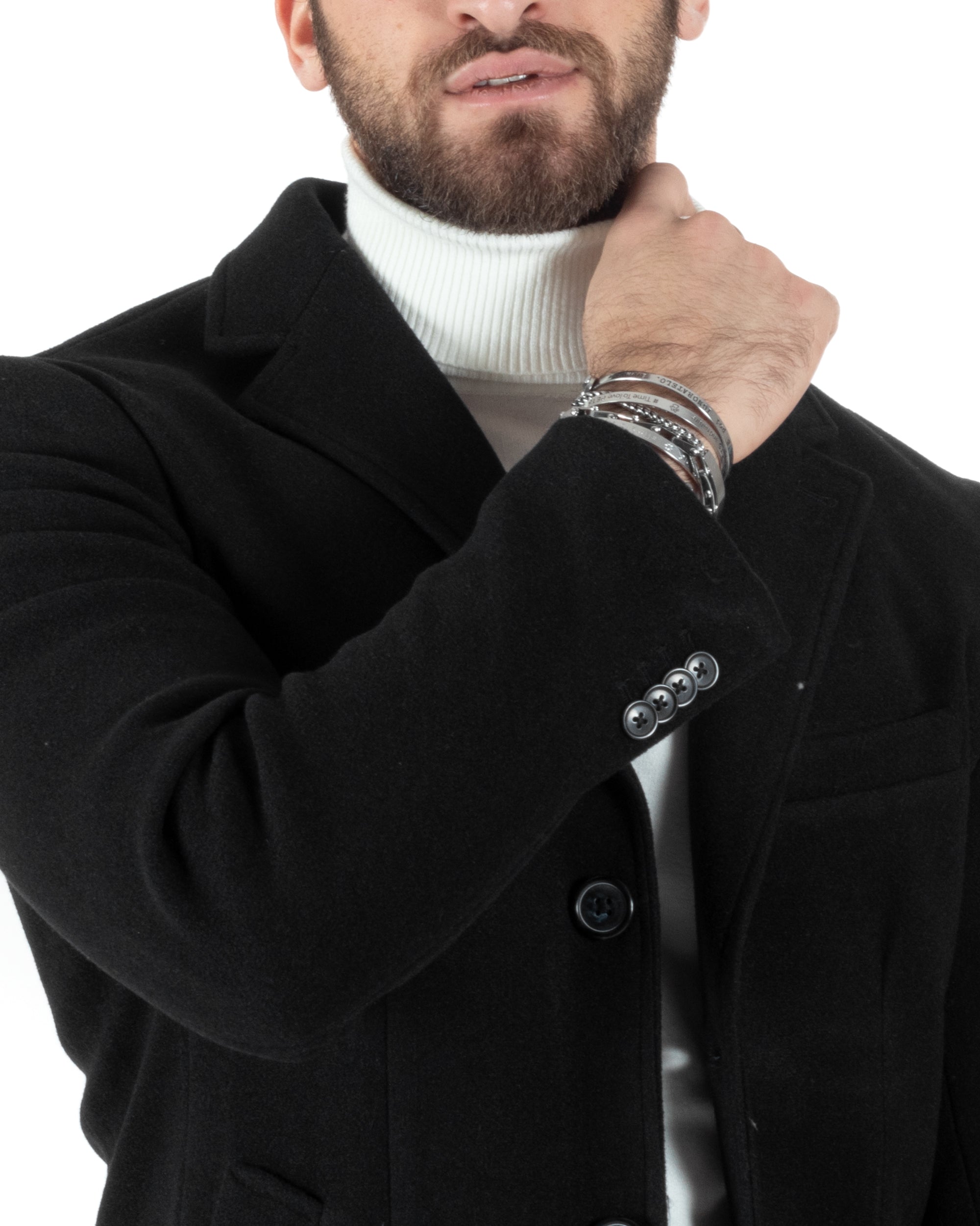 Cappotto Monopetto Uomo Giacca Colletto Rever Giaccone Tinta Unita Nero Baronetto Elegante GIOSAL-CO1002A