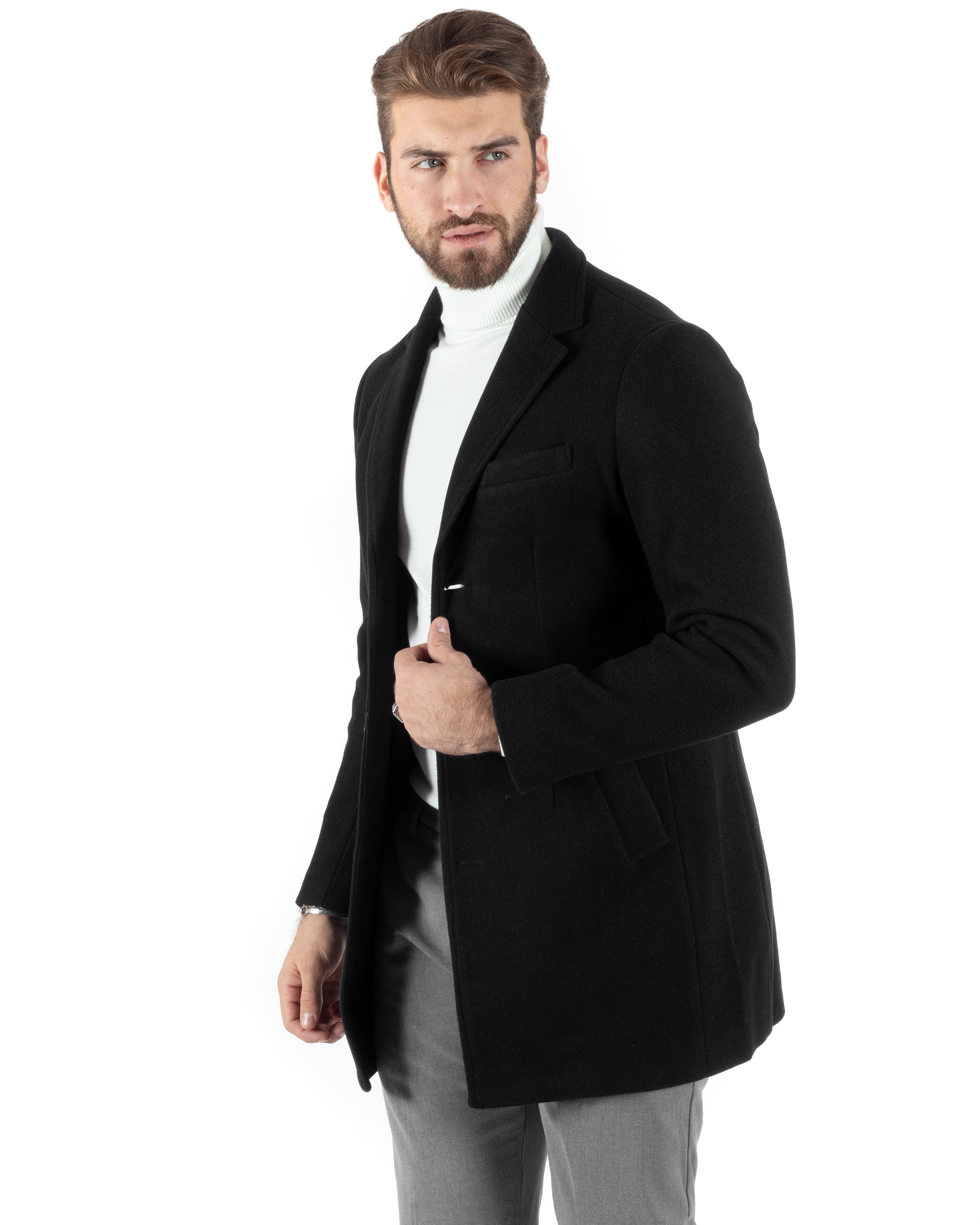 Cappotto Monopetto Uomo Giacca Colletto Rever Giaccone Tinta Unita Nero Baronetto Elegante GIOSAL-CO1002A
