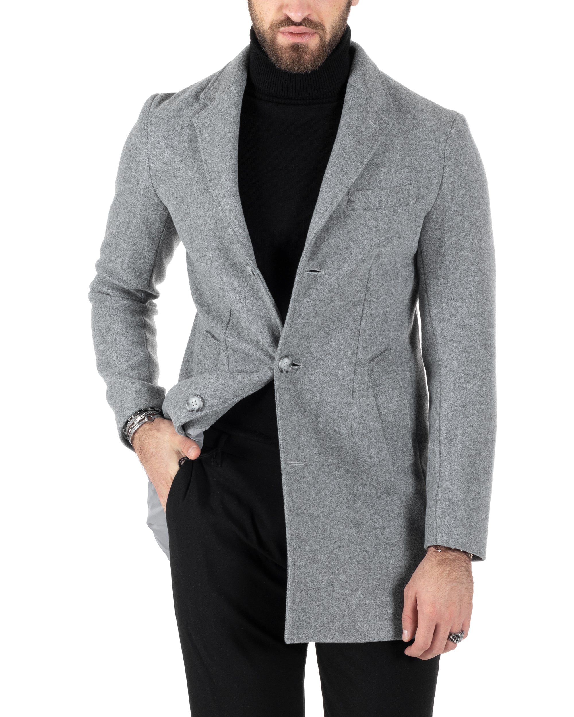 Cappotto Monopetto Uomo Giacca Colletto Rever Giaccone Tinta Unita Grigio Baronetto Elegante GIOSAL-CO1003A