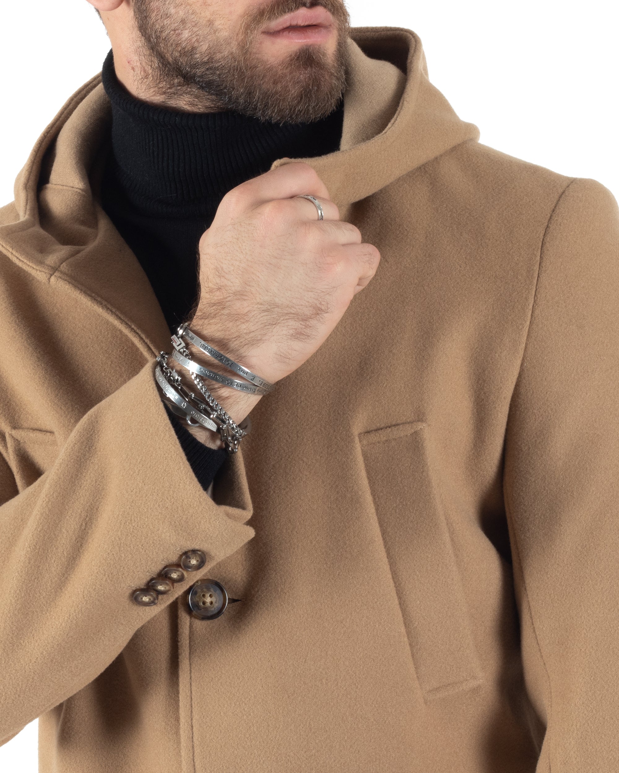 Cappotto Monopetto Uomo Giacca Giaccone Con Cappuccio Camel Baronetto Elegante GIOSAL-CO1006A