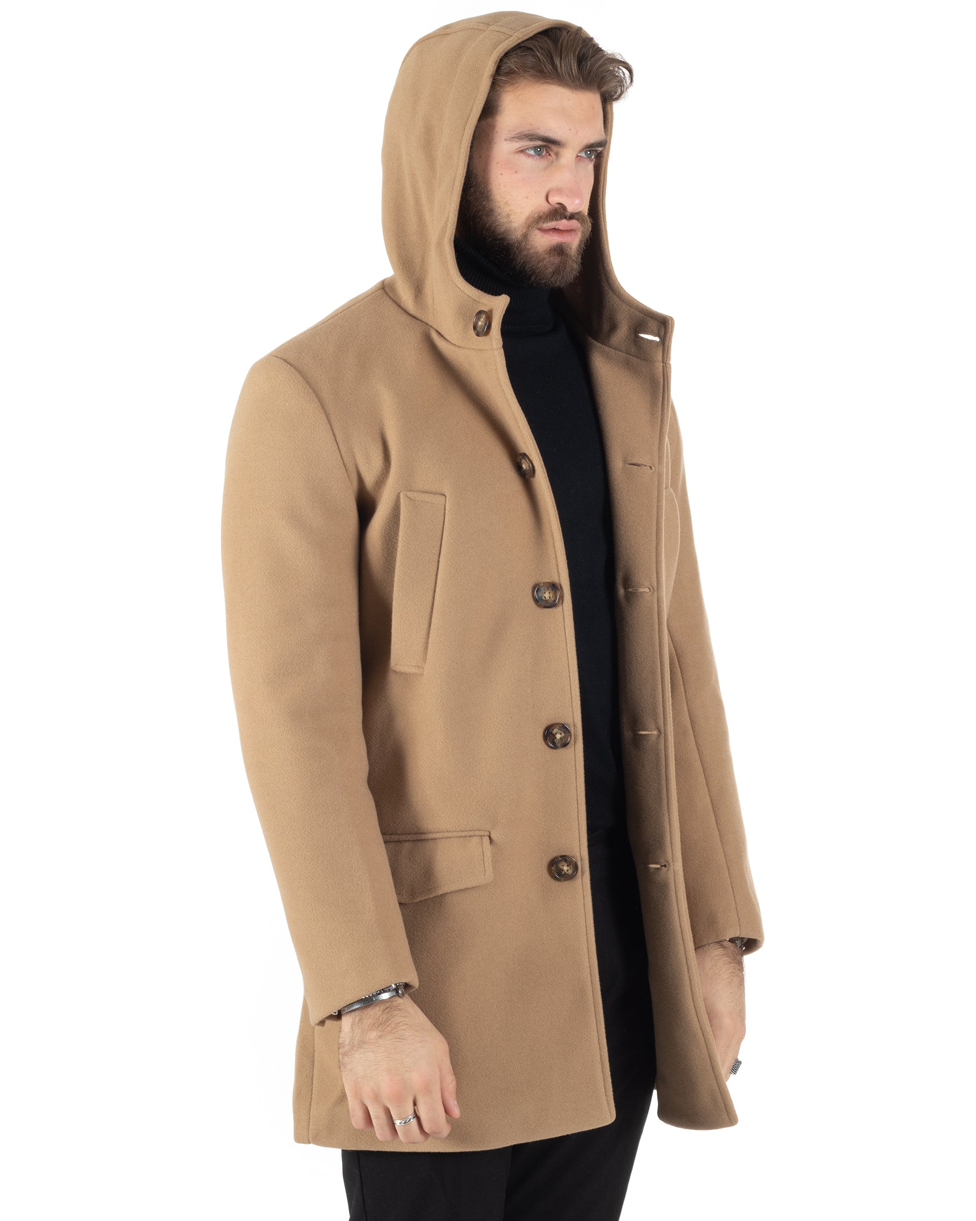 Cappotto Monopetto Uomo Giacca Giaccone Con Cappuccio Camel Baronetto Elegante GIOSAL-CO1006A