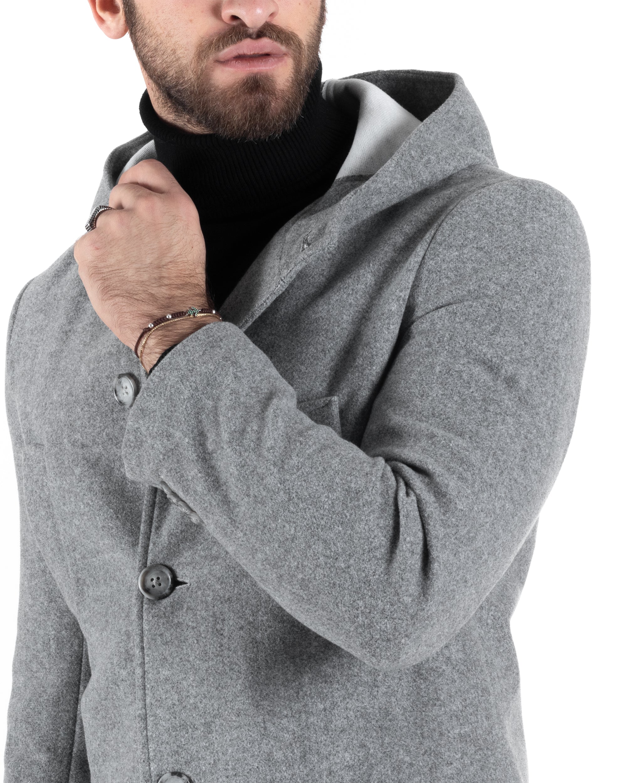 Cappotto Monopetto Uomo Giacca Giaccone Con Cappuccio Grigio Chiaro Baronetto Elegante GIOSAL-CO1007A