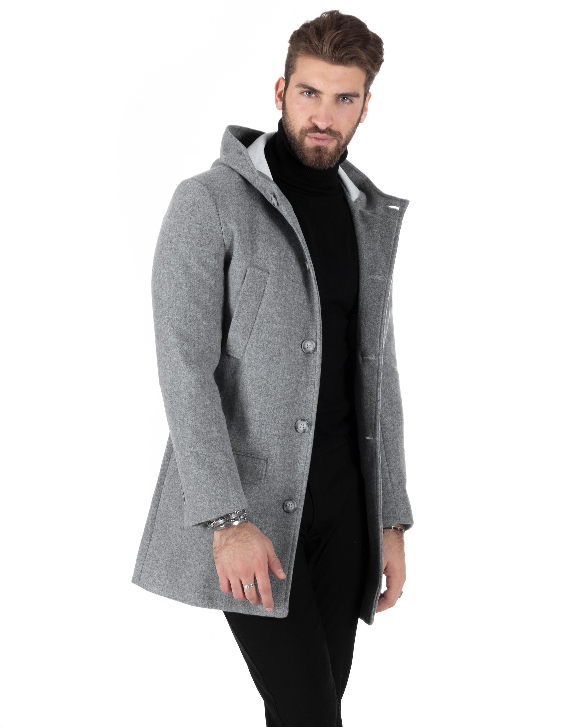 Cappotto Monopetto Uomo Giacca Giaccone Con Cappuccio Grigio Chiaro Baronetto Elegante GIOSAL-CO1007A