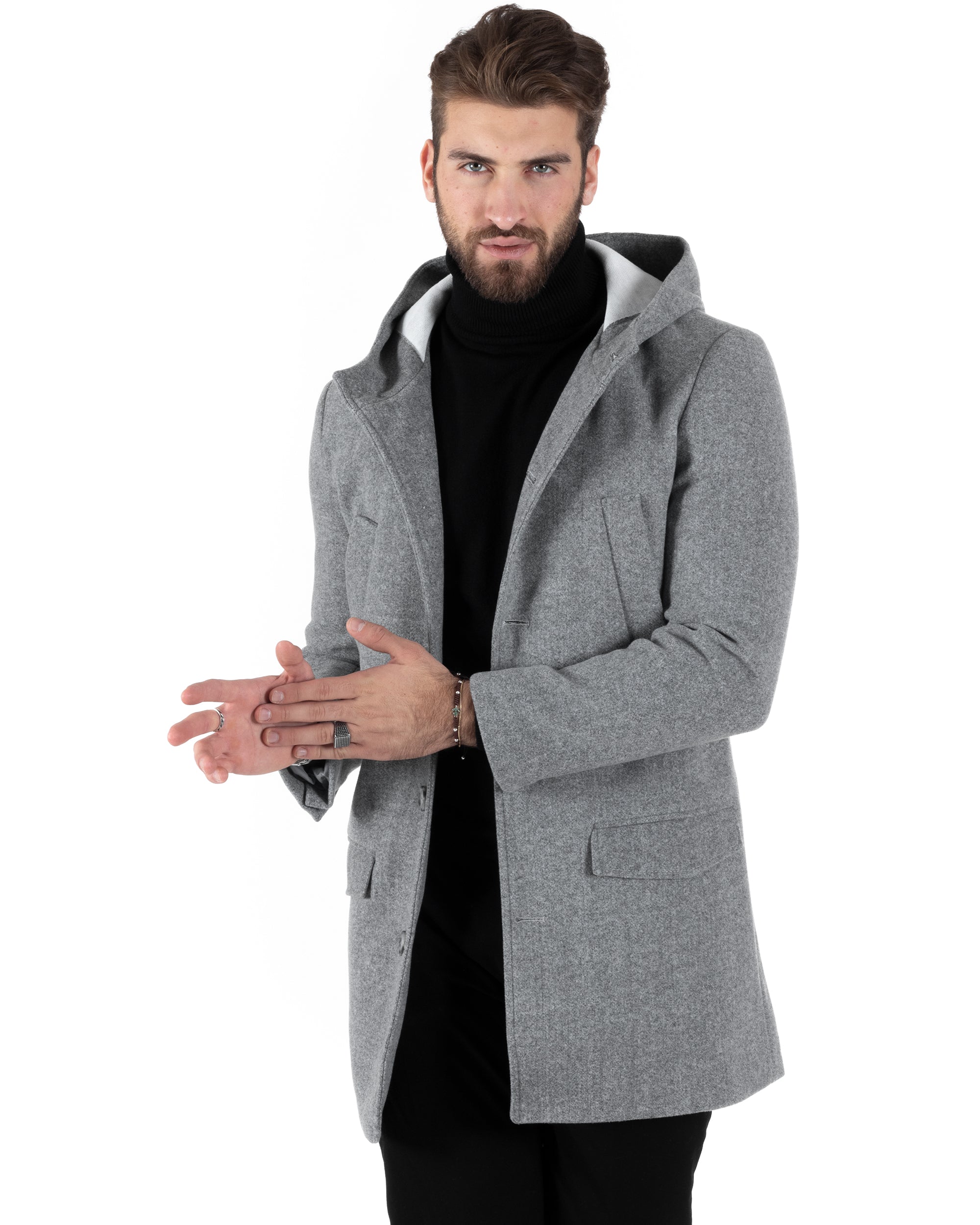 Cappotto Monopetto Uomo Giacca Giaccone Con Cappuccio Grigio Chiaro Baronetto Elegante GIOSAL-CO1007A