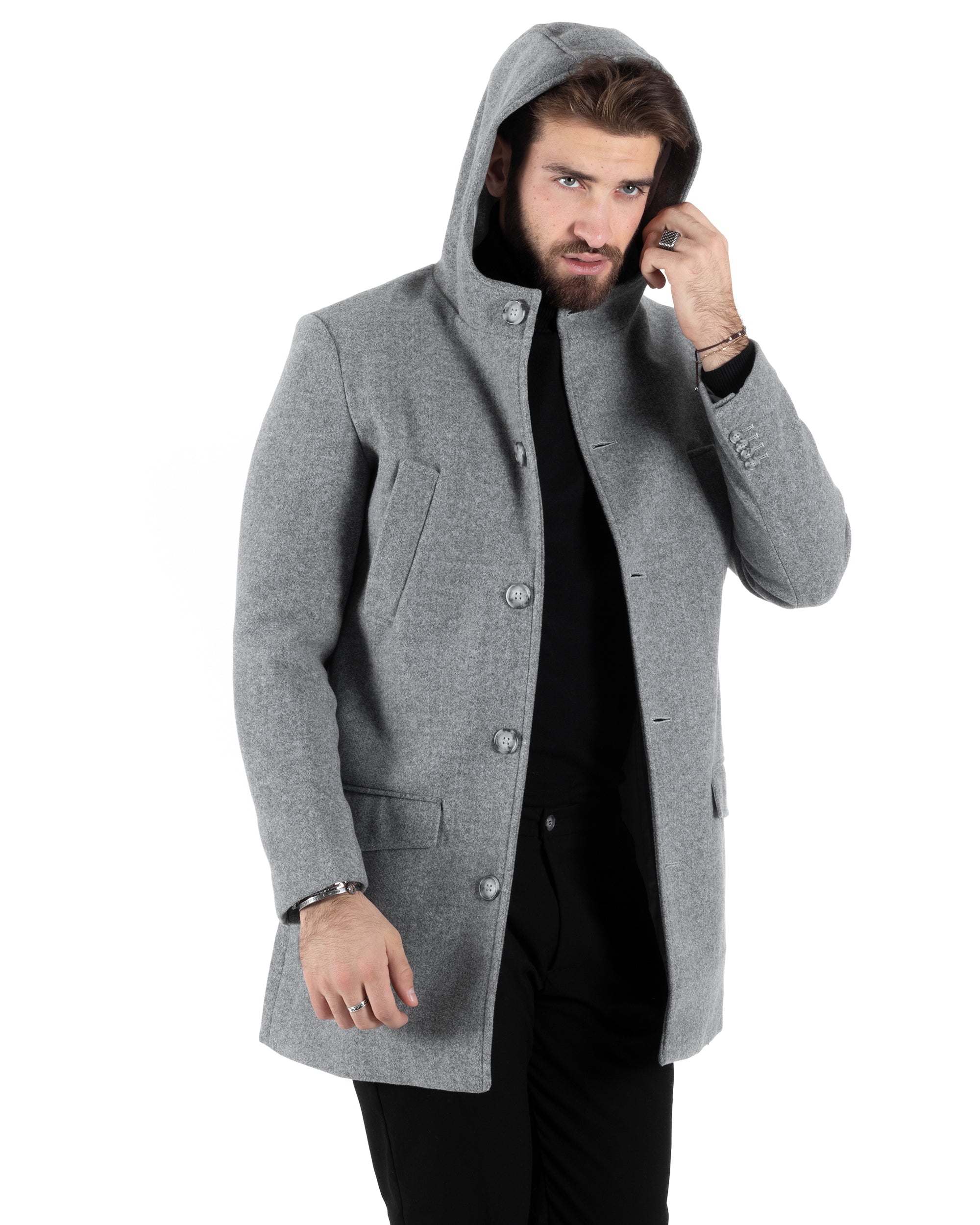 Cappotto Monopetto Uomo Giacca Giaccone Con Cappuccio Grigio Chiaro Baronetto Elegante GIOSAL-CO1007A
