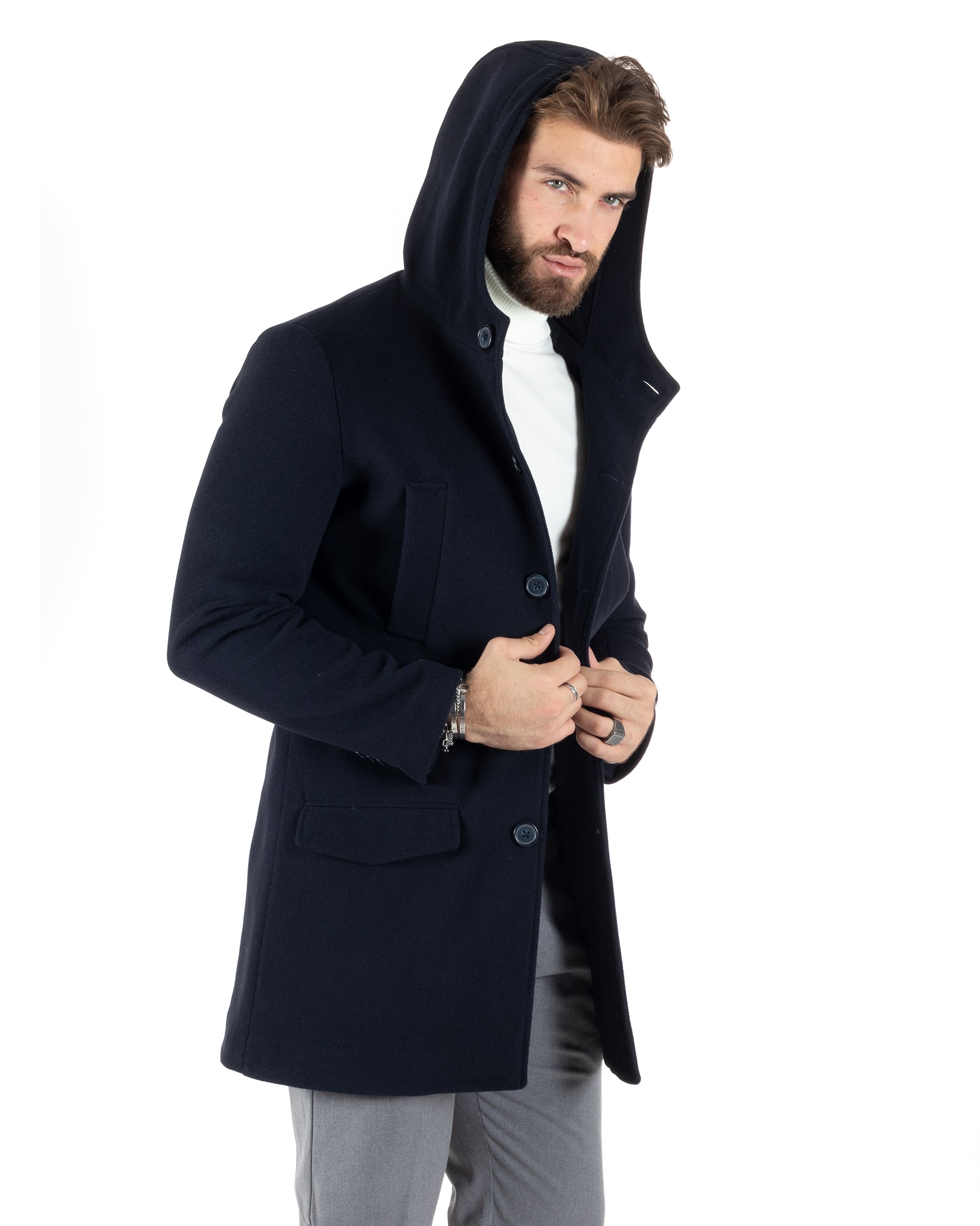 Cappotto Monopetto Uomo Giacca Giaccone Con Cappuccio Blu Baronetto Elegante GIOSAL-CO1008A