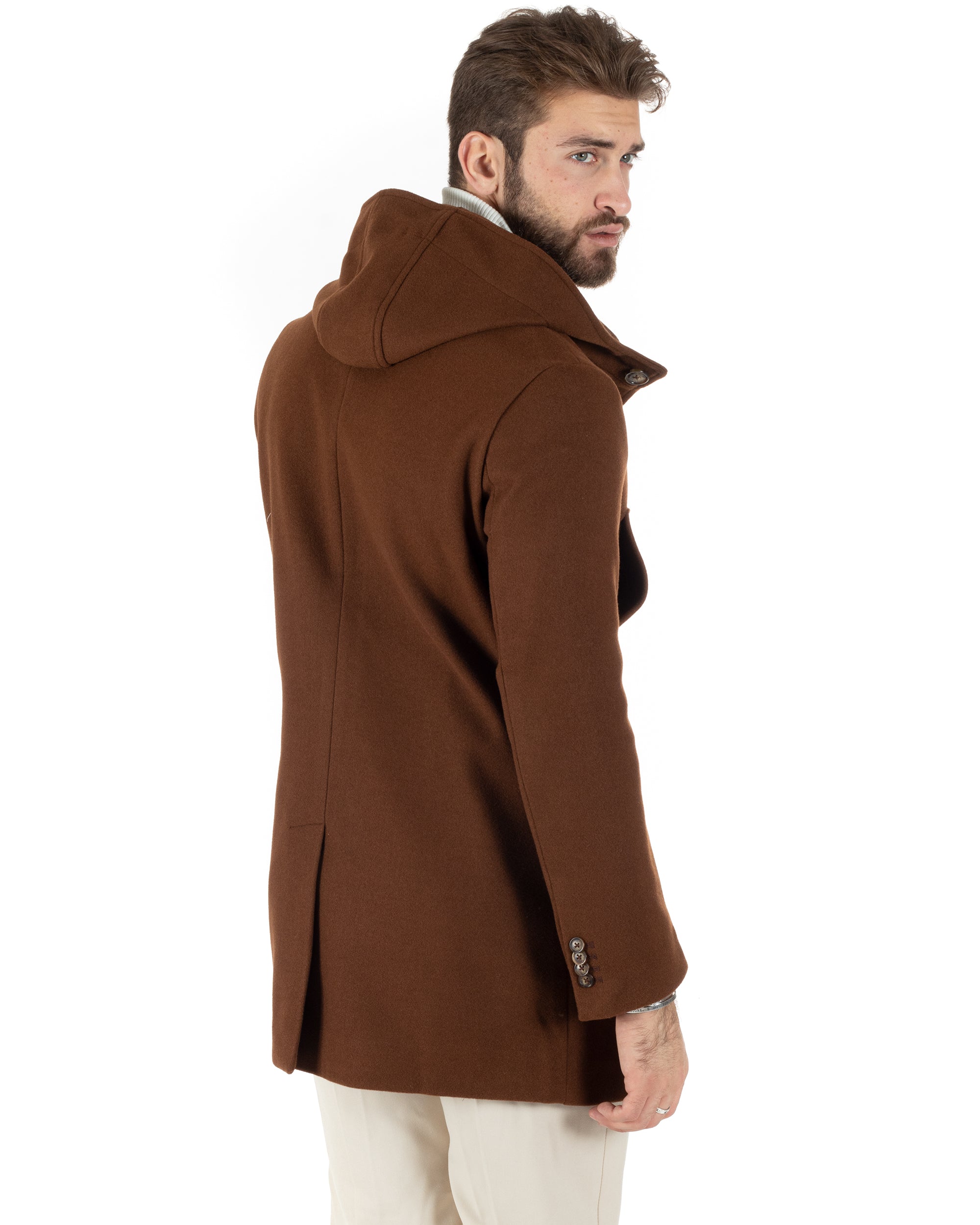 Cappotto Monopetto Uomo Giacca Giaccone Con Cappuccio Tabacco Baronetto Elegante GIOSAL-CO1010A