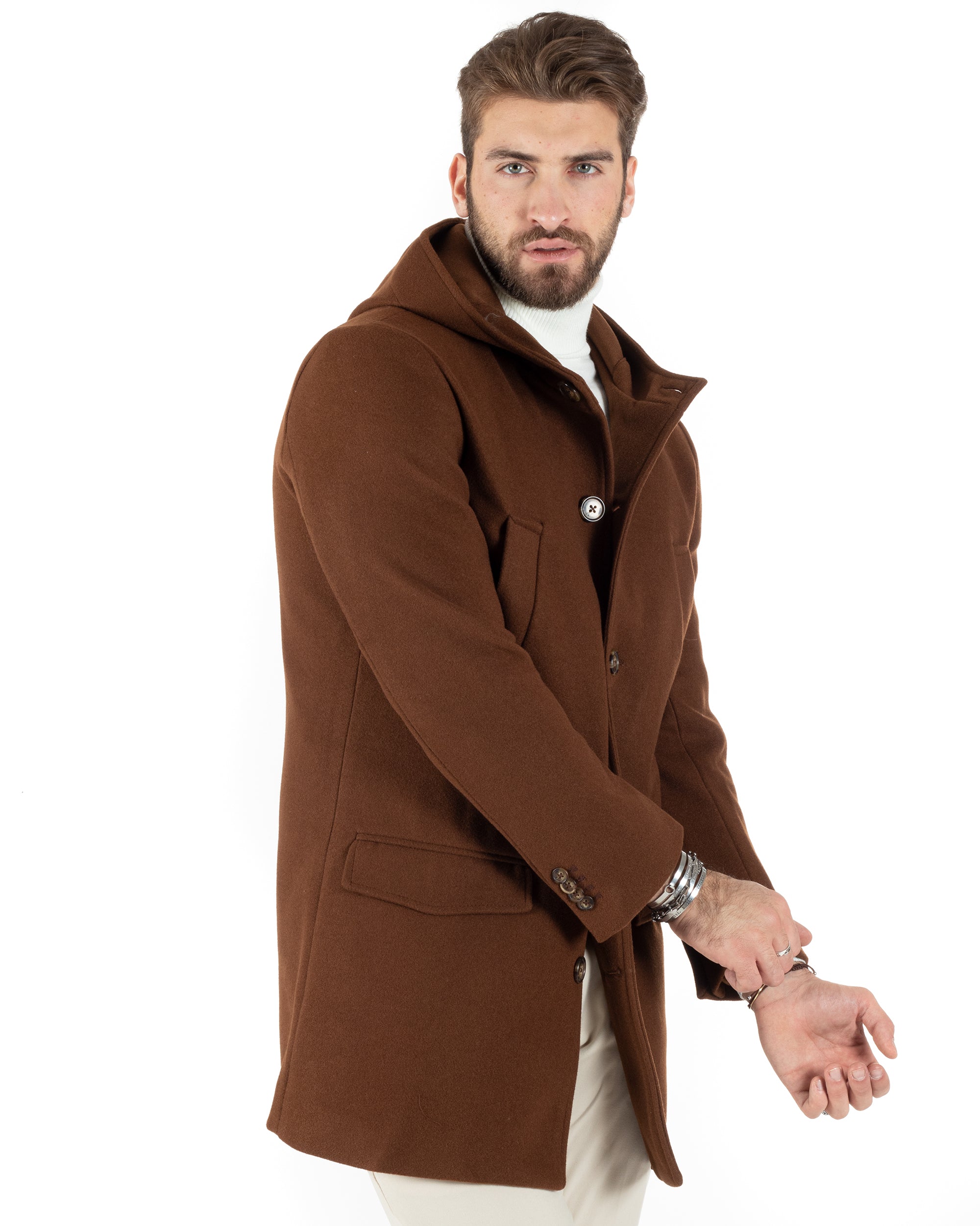 Cappotto Monopetto Uomo Giacca Giaccone Con Cappuccio Tabacco Baronetto Elegante GIOSAL-CO1010A