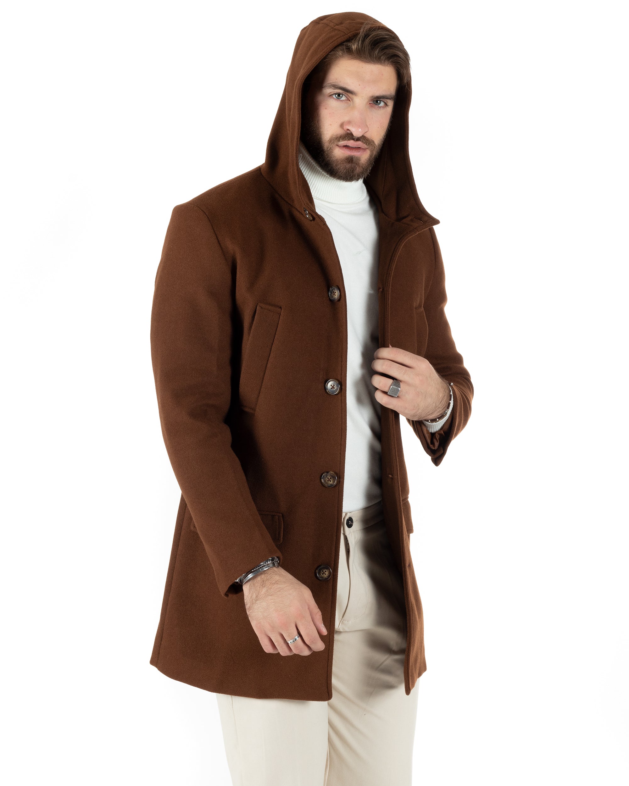 Cappotto Monopetto Uomo Giacca Giaccone Con Cappuccio Tabacco Baronetto Elegante GIOSAL-CO1010A