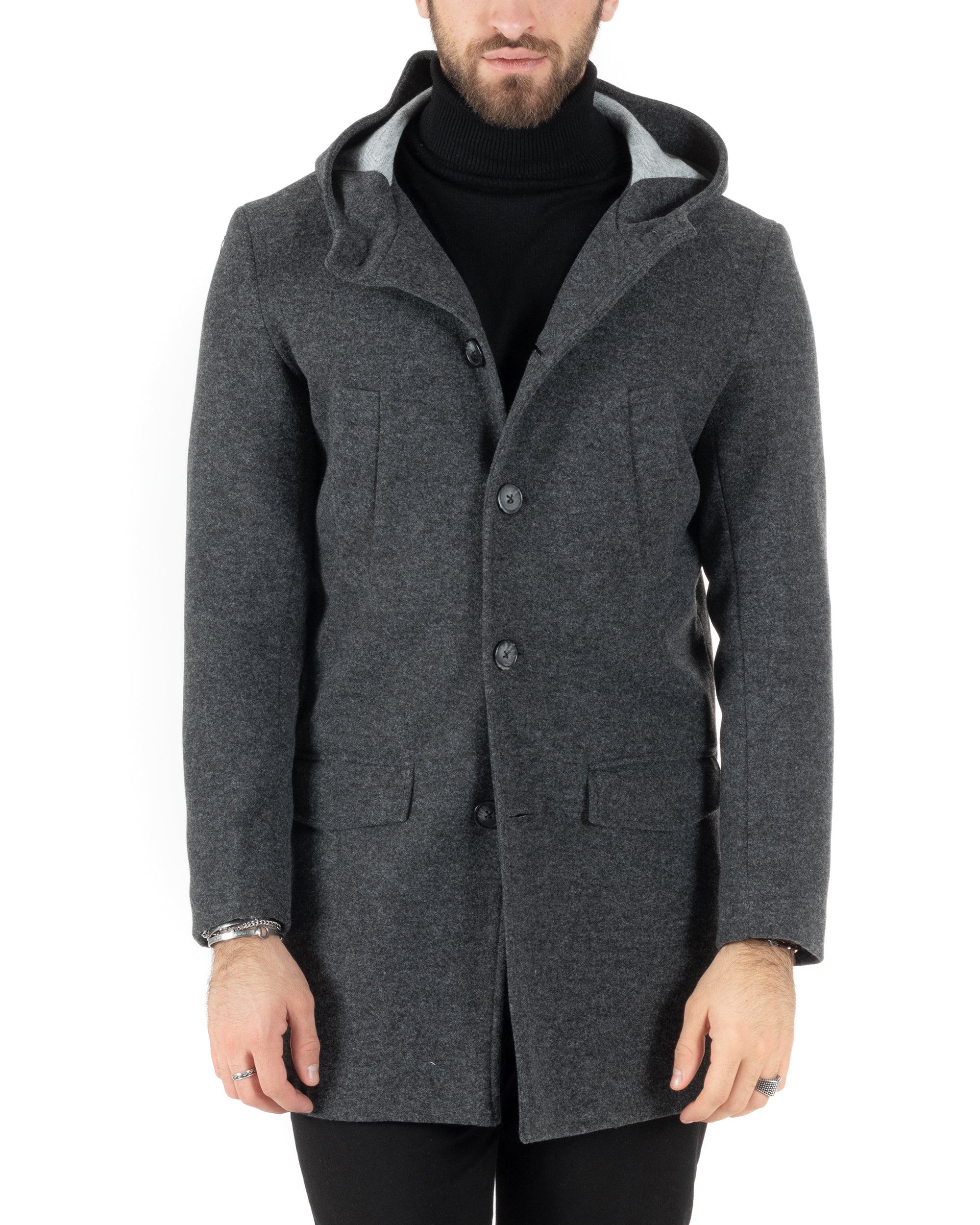 Cappotto Monopetto Uomo Giacca Giaccone Con Cappuccio Grigio Scuro Baronetto Elegante GIOSAL-CO1013A