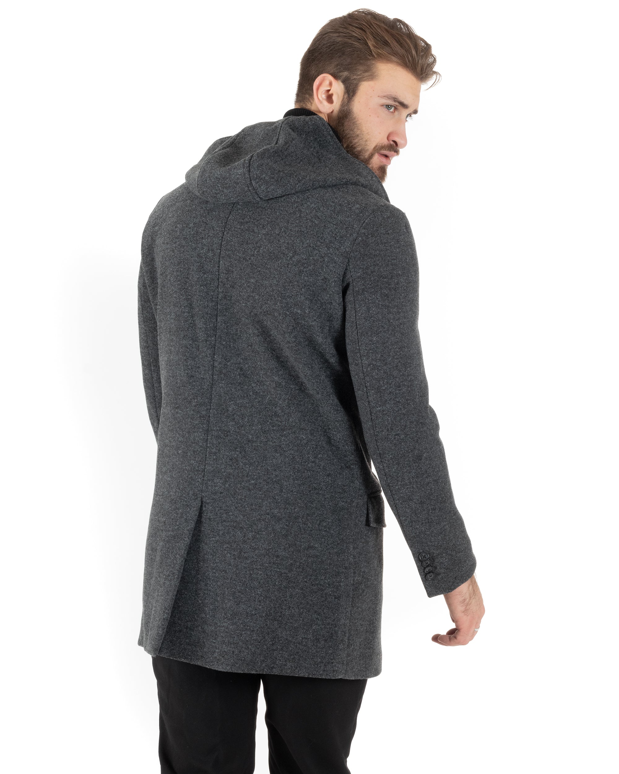 Cappotto Monopetto Uomo Giacca Giaccone Con Cappuccio Grigio Scuro Baronetto Elegante GIOSAL-CO1013A