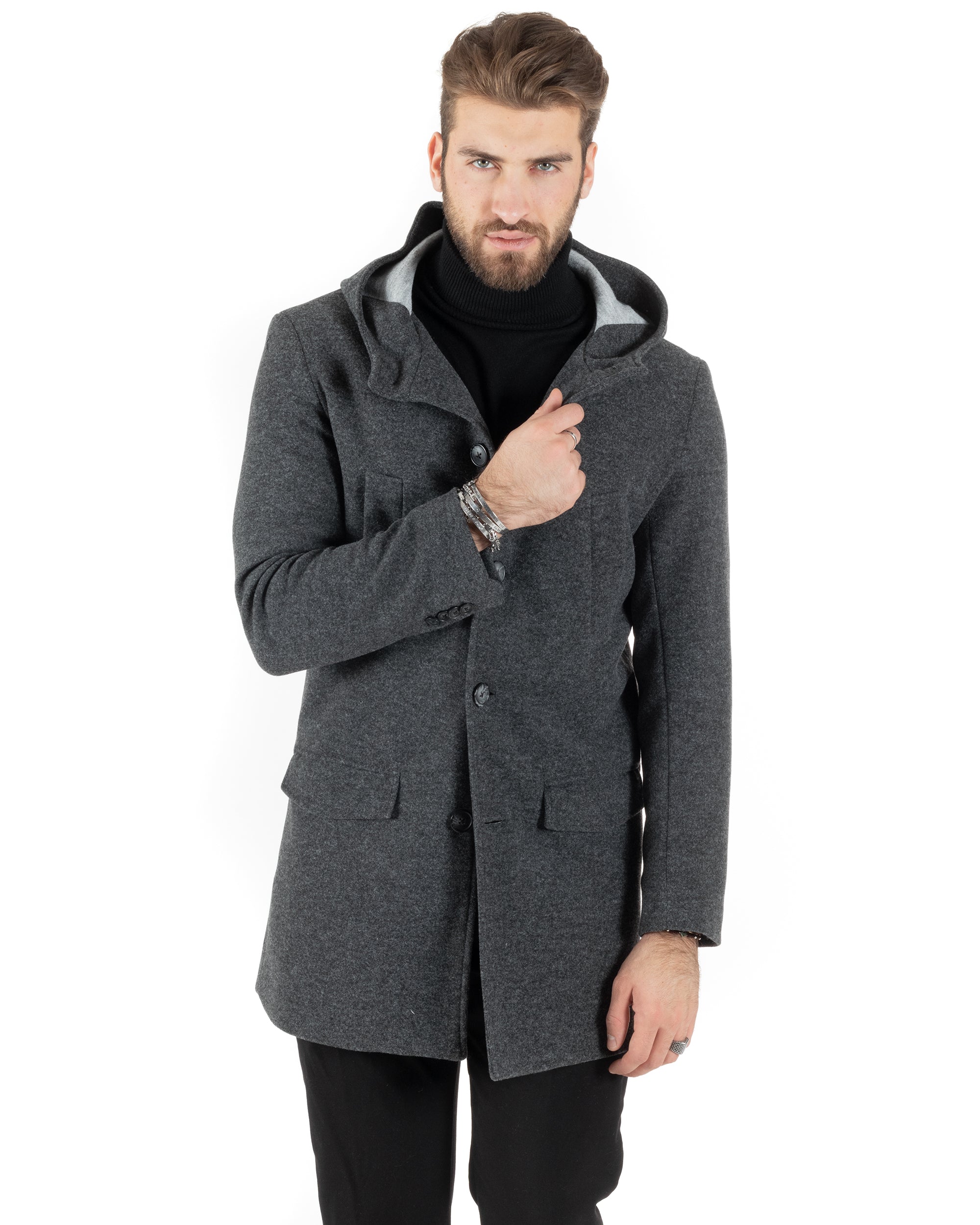 Cappotto Monopetto Uomo Giacca Giaccone Con Cappuccio Grigio Scuro Baronetto Elegante GIOSAL-CO1013A