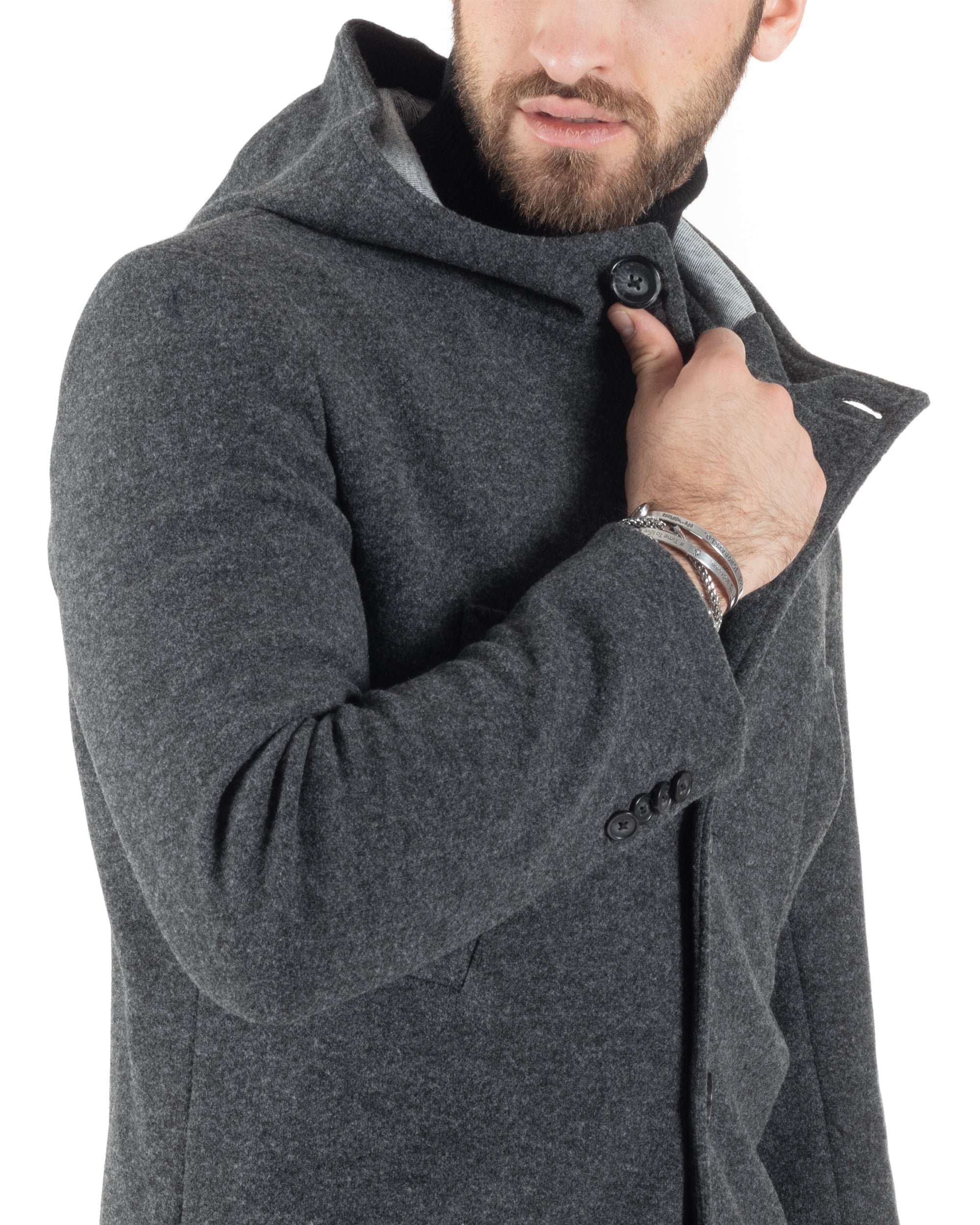 Cappotto Monopetto Uomo Giacca Giaccone Con Cappuccio Grigio Scuro Baronetto Elegante GIOSAL-CO1013A