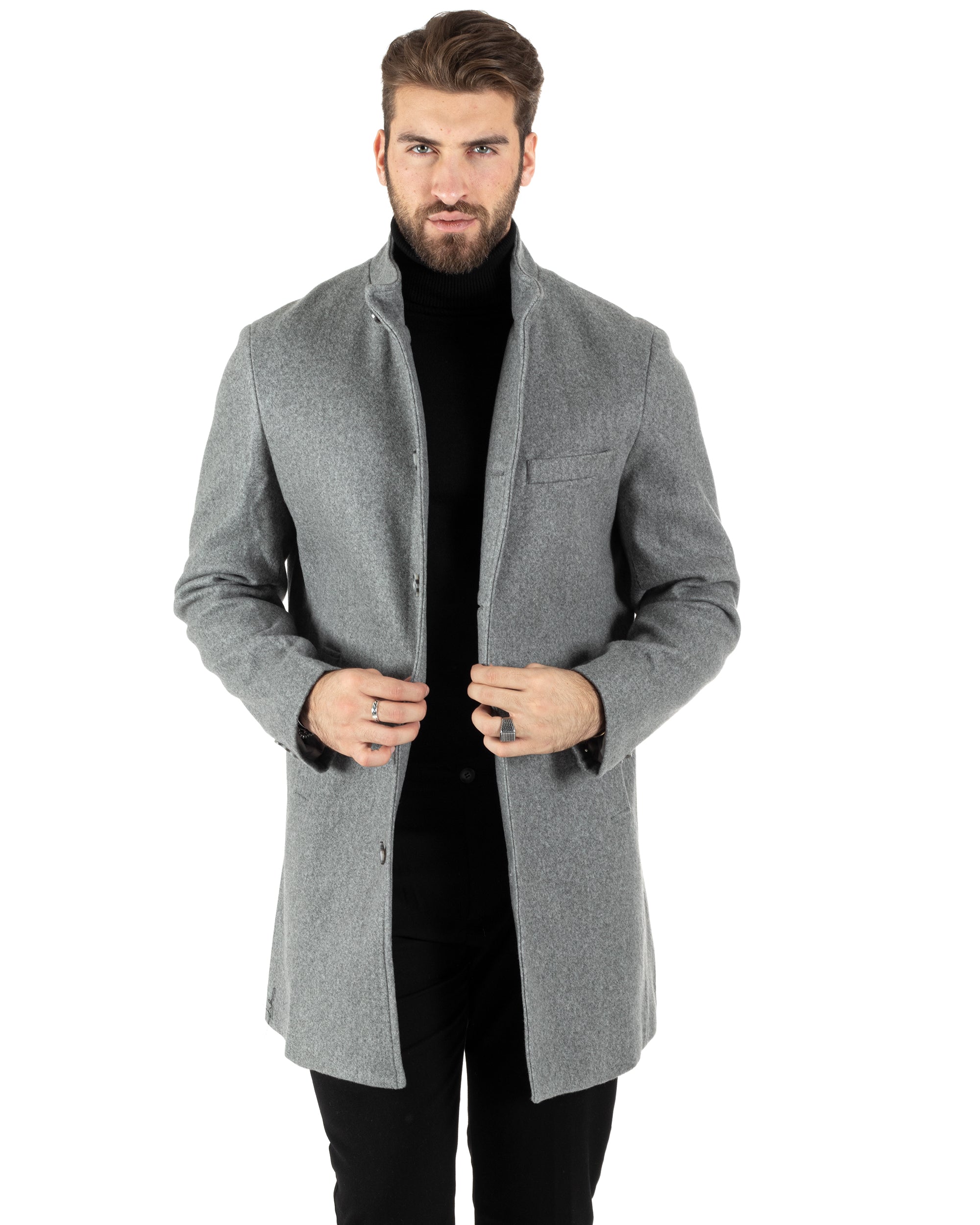 Cappotto Monopetto Uomo Giacca Collo Coreano Giaccone Lungo Grigio Chiaro Baronetto Elegante GIOSAL-CO1014A