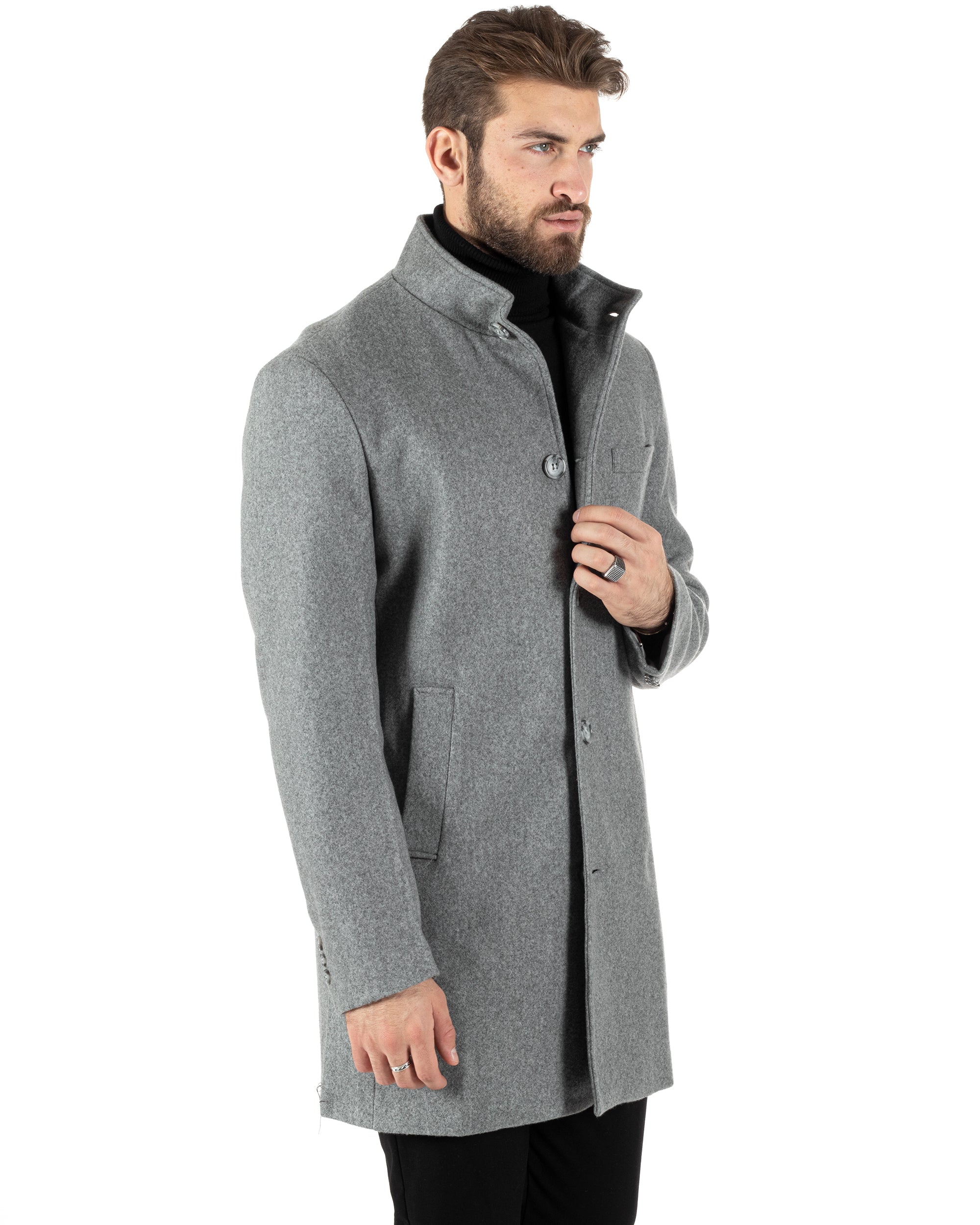 Cappotto Monopetto Uomo Giacca Collo Coreano Giaccone Lungo Grigio Chiaro Baronetto Elegante GIOSAL-CO1014A