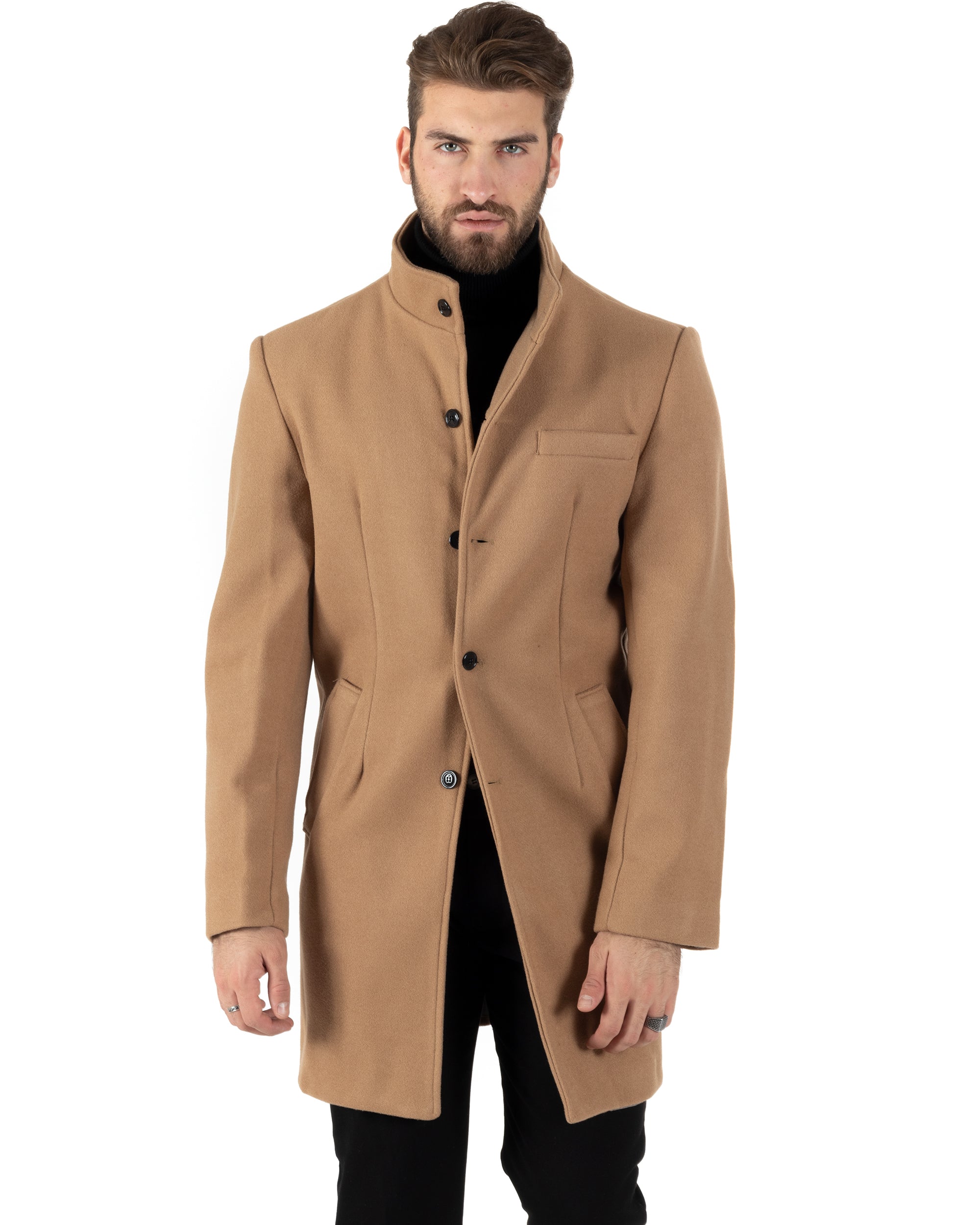 Cappotto Monopetto Uomo Giacca Collo Coreano Giaccone Lungo Camel Baronetto Elegante GIOSAL-CO1015A