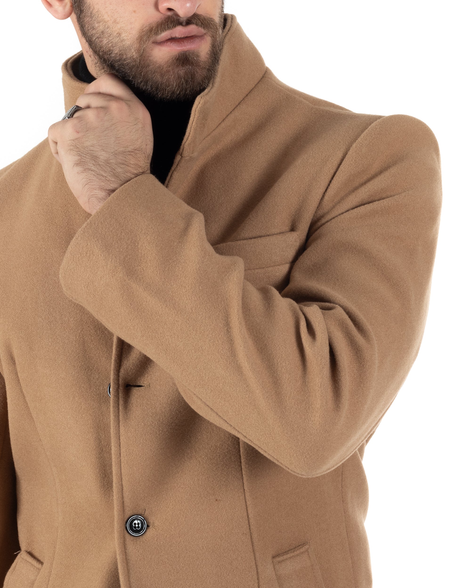 Cappotto Monopetto Uomo Giacca Collo Coreano Giaccone Lungo Camel Baronetto Elegante GIOSAL-CO1015A