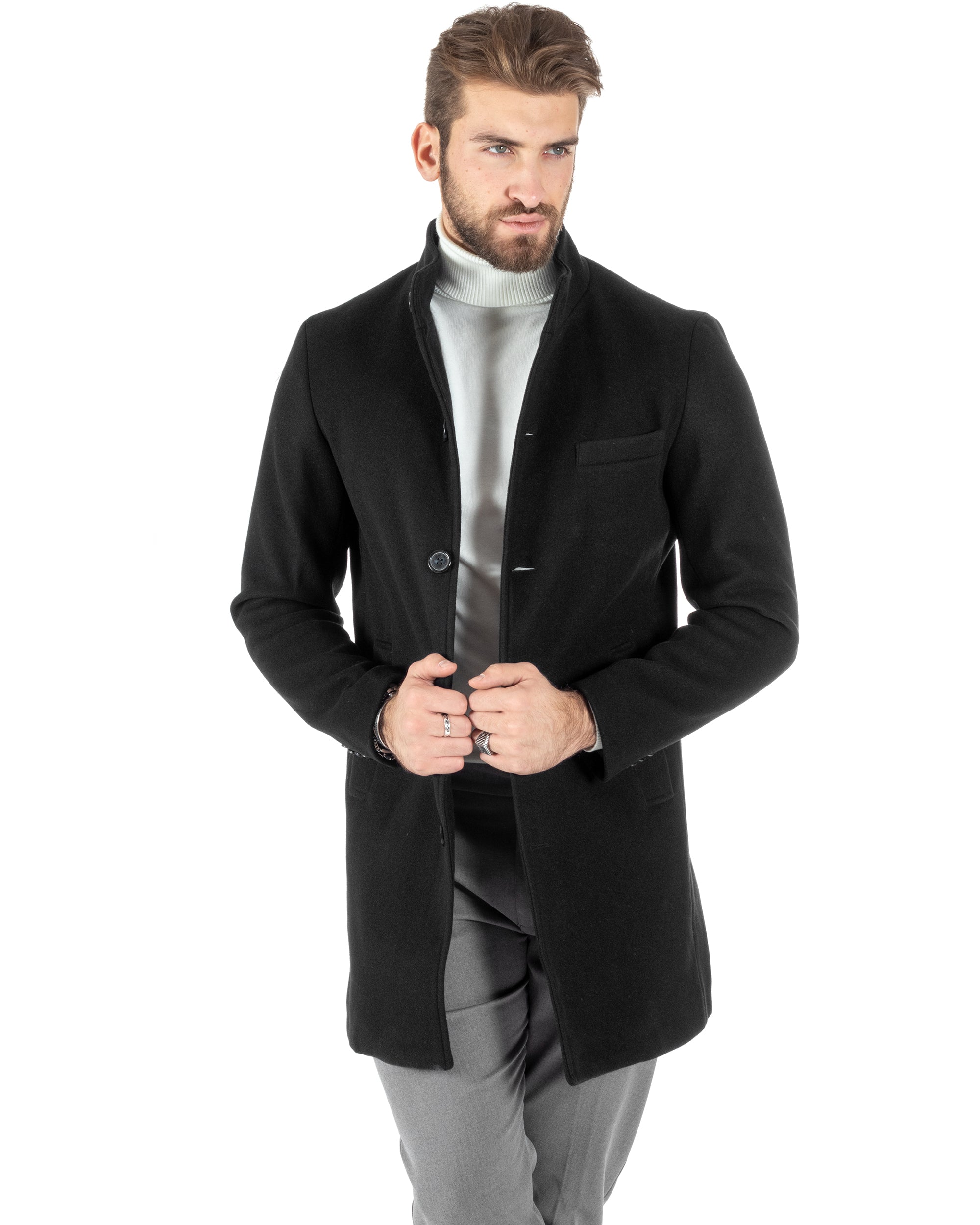 Cappotto Monopetto Uomo Giacca Collo Coreano Giaccone Lungo Nero Baronetto Elegante GIOSAL-CO1016A