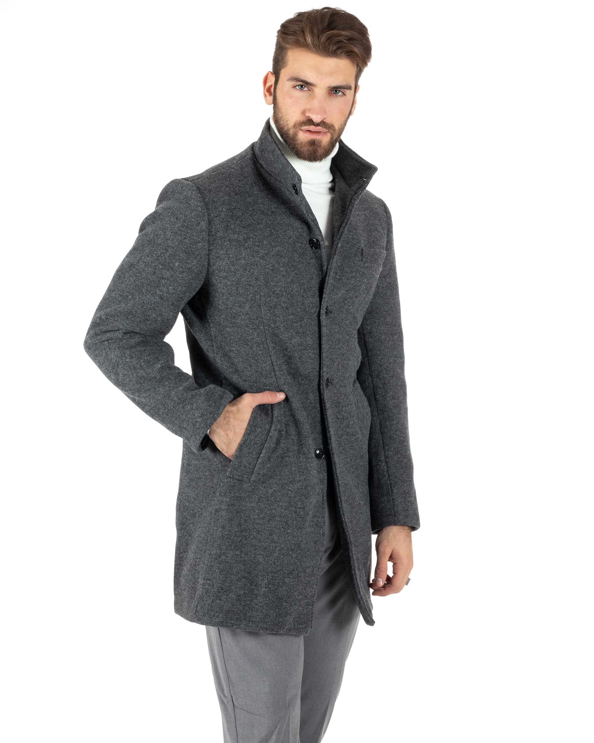 Cappotto Monopetto Uomo Giacca Collo Coreano Giaccone Lungo Grigio Scuro Baronetto Elegante GIOSAL-CO1017A