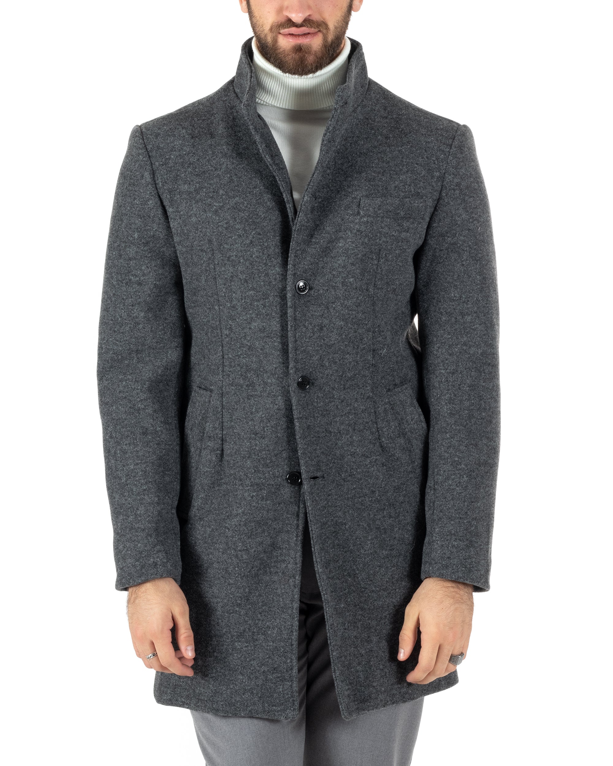 Cappotto Monopetto Uomo Giacca Collo Coreano Giaccone Lungo Grigio Scuro Baronetto Elegante GIOSAL-CO1017A