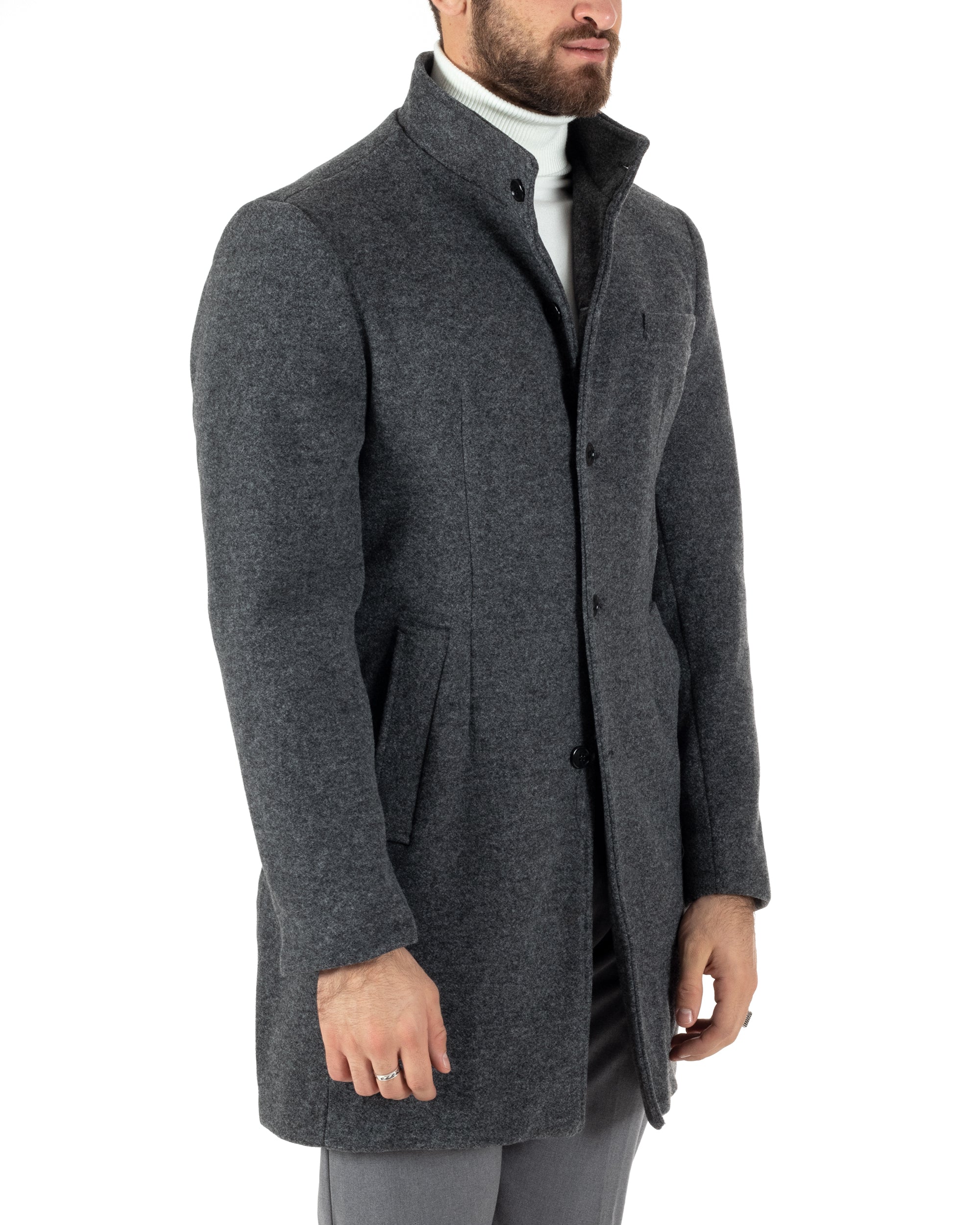 Cappotto Monopetto Uomo Giacca Collo Coreano Giaccone Lungo Grigio Scuro Baronetto Elegante GIOSAL-CO1017A