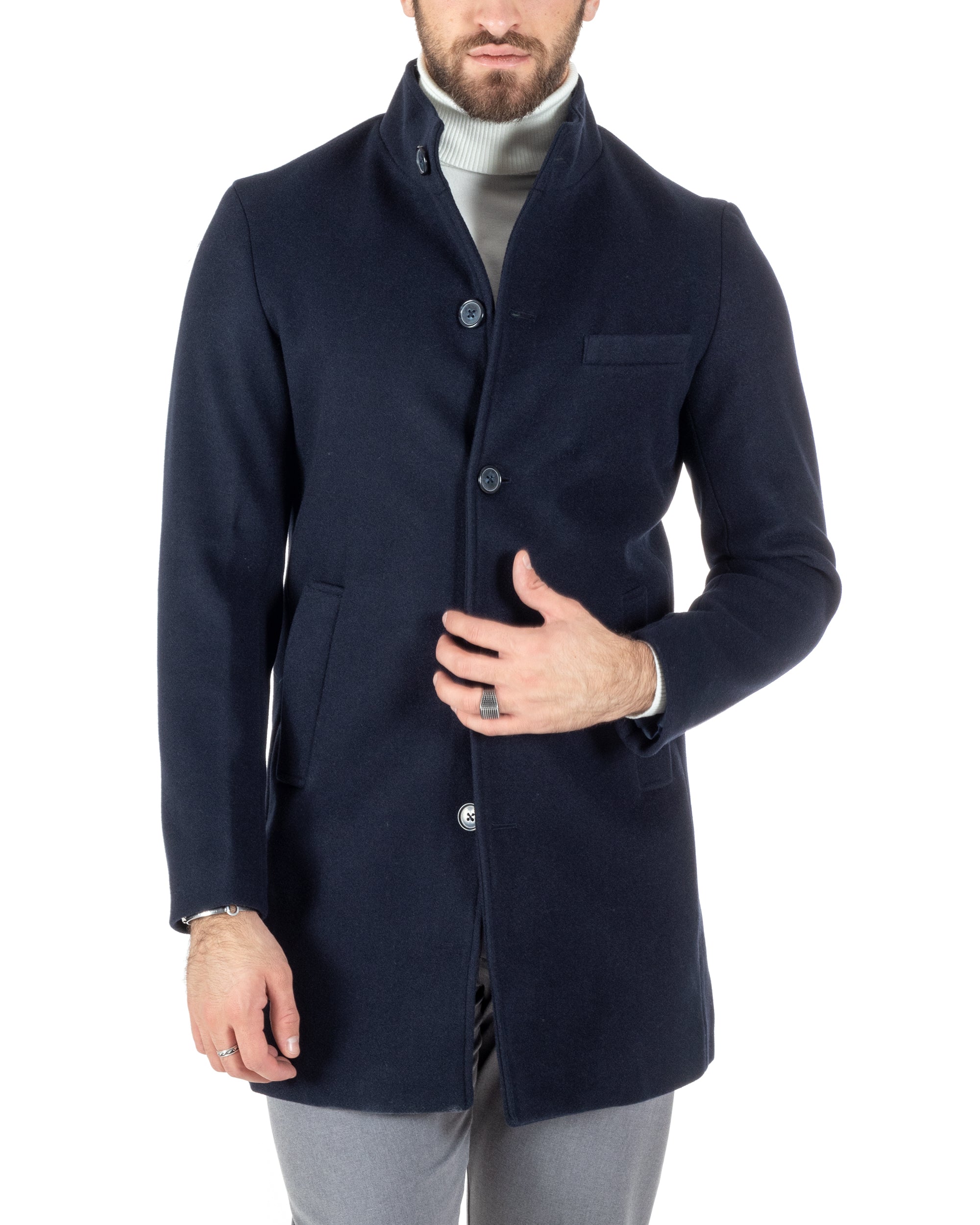 Cappotto Monopetto Uomo Giacca Collo Coreano Giaccone Lungo Blu Baronetto Elegante GIOSAL-CO1018A