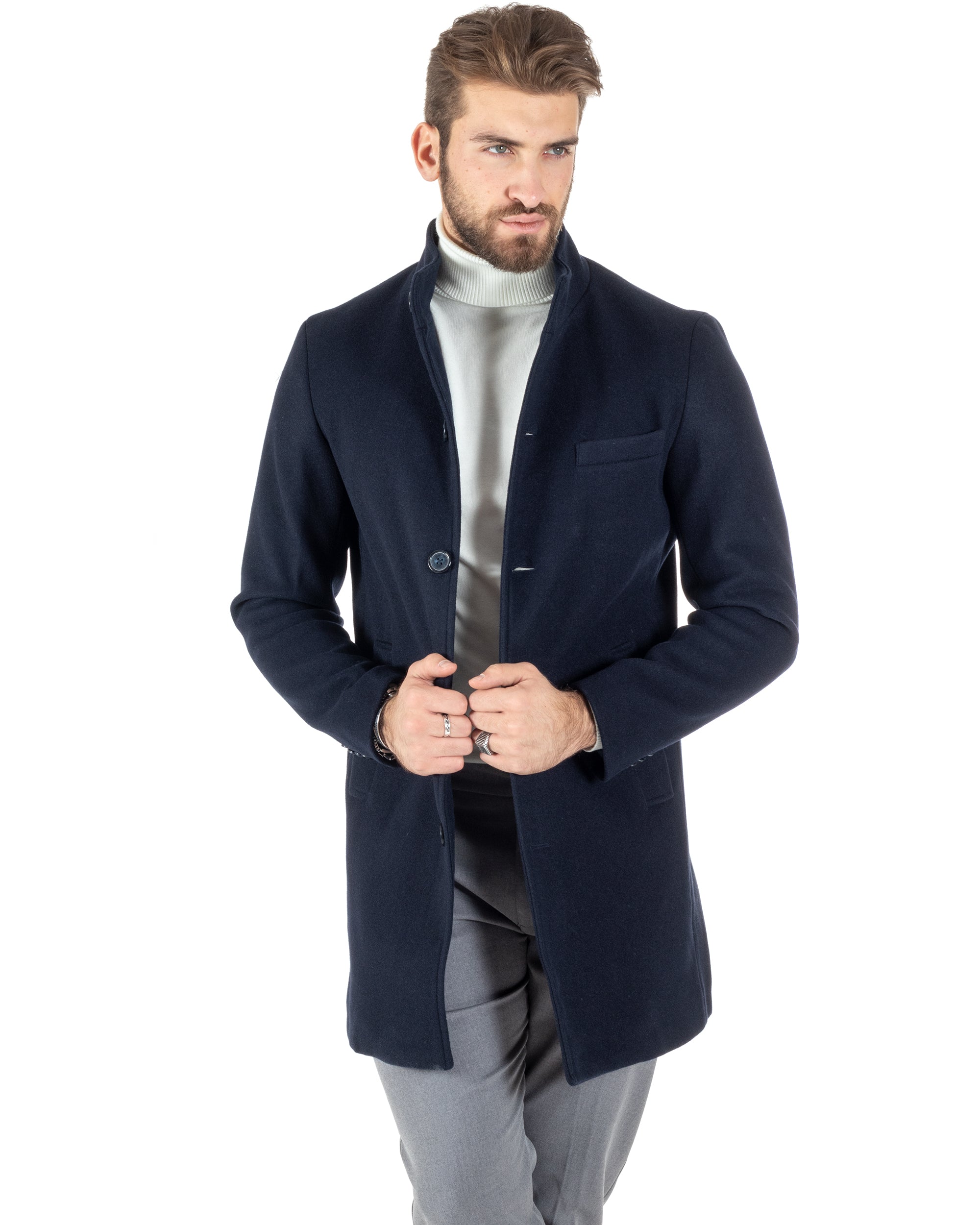 Cappotto Monopetto Uomo Giacca Collo Coreano Giaccone Lungo Blu Baronetto Elegante GIOSAL-CO1018A