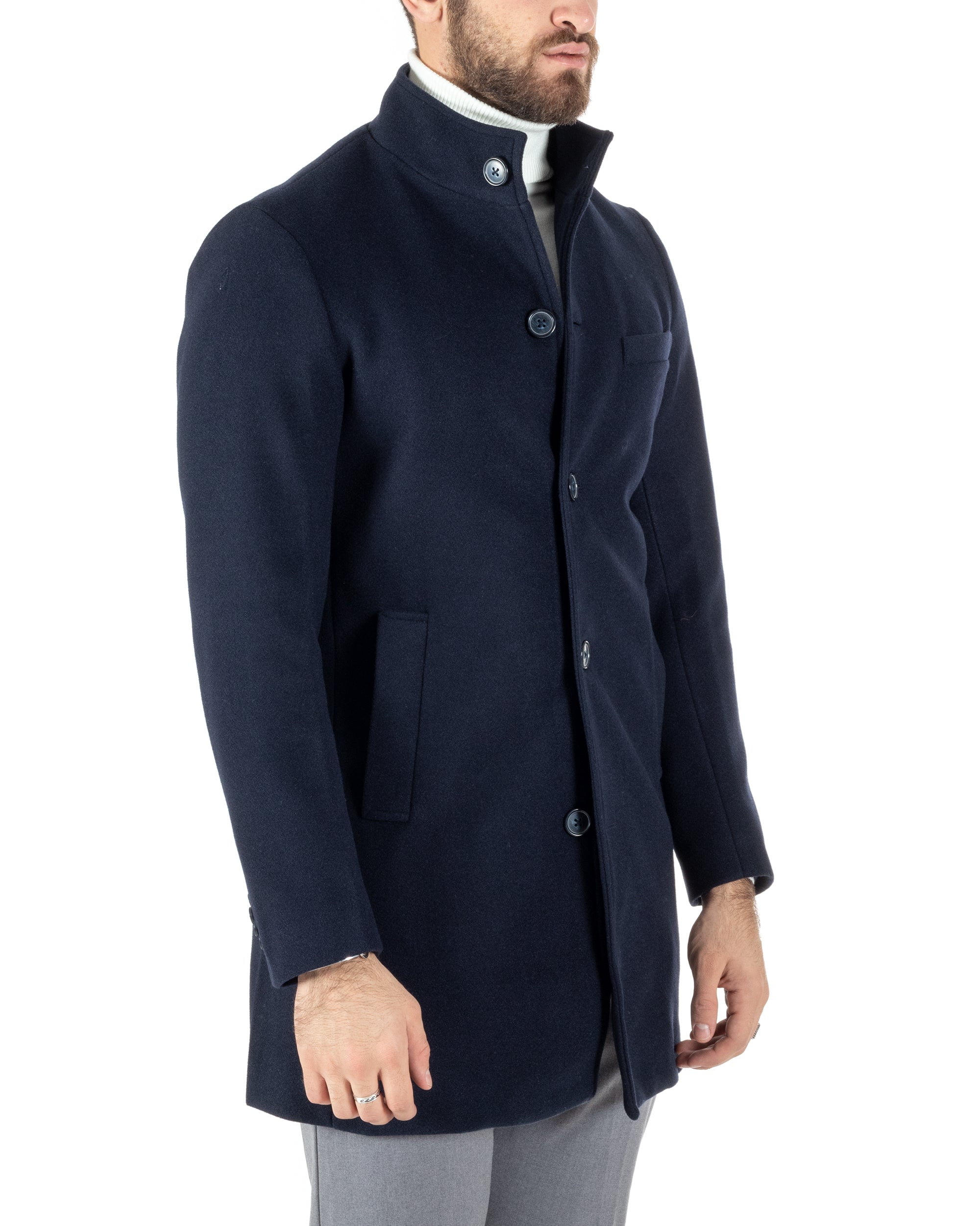 Cappotto Monopetto Uomo Giacca Collo Coreano Giaccone Lungo Blu Baronetto Elegante GIOSAL-CO1018A