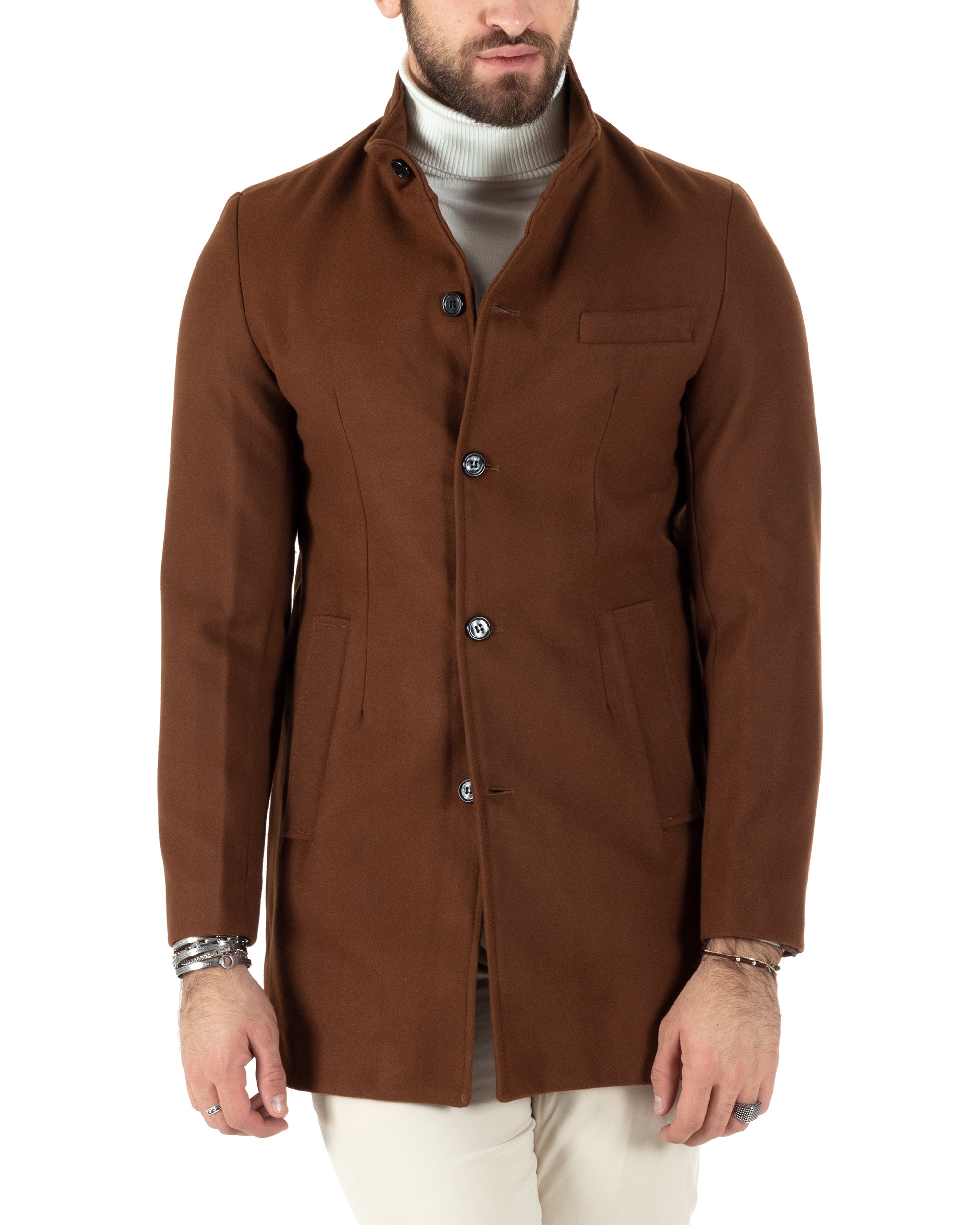 Cappotto Monopetto Uomo Giacca Collo Coreano Giaccone Lungo Tabacco Ba