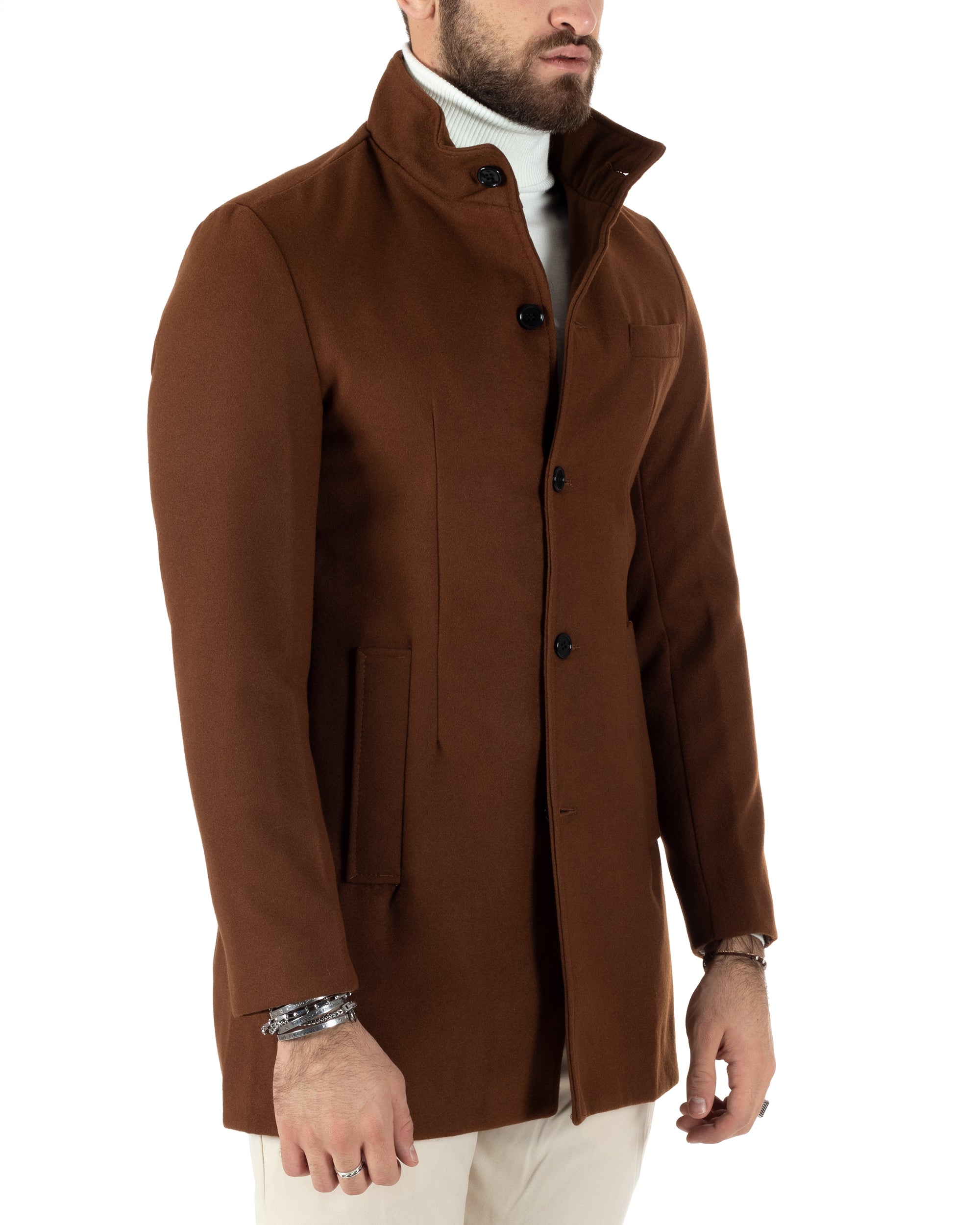 Cappotto Monopetto Uomo Giacca Collo Coreano Giaccone Lungo Tabacco Baronetto Elegante GIOSAL-CO1019A