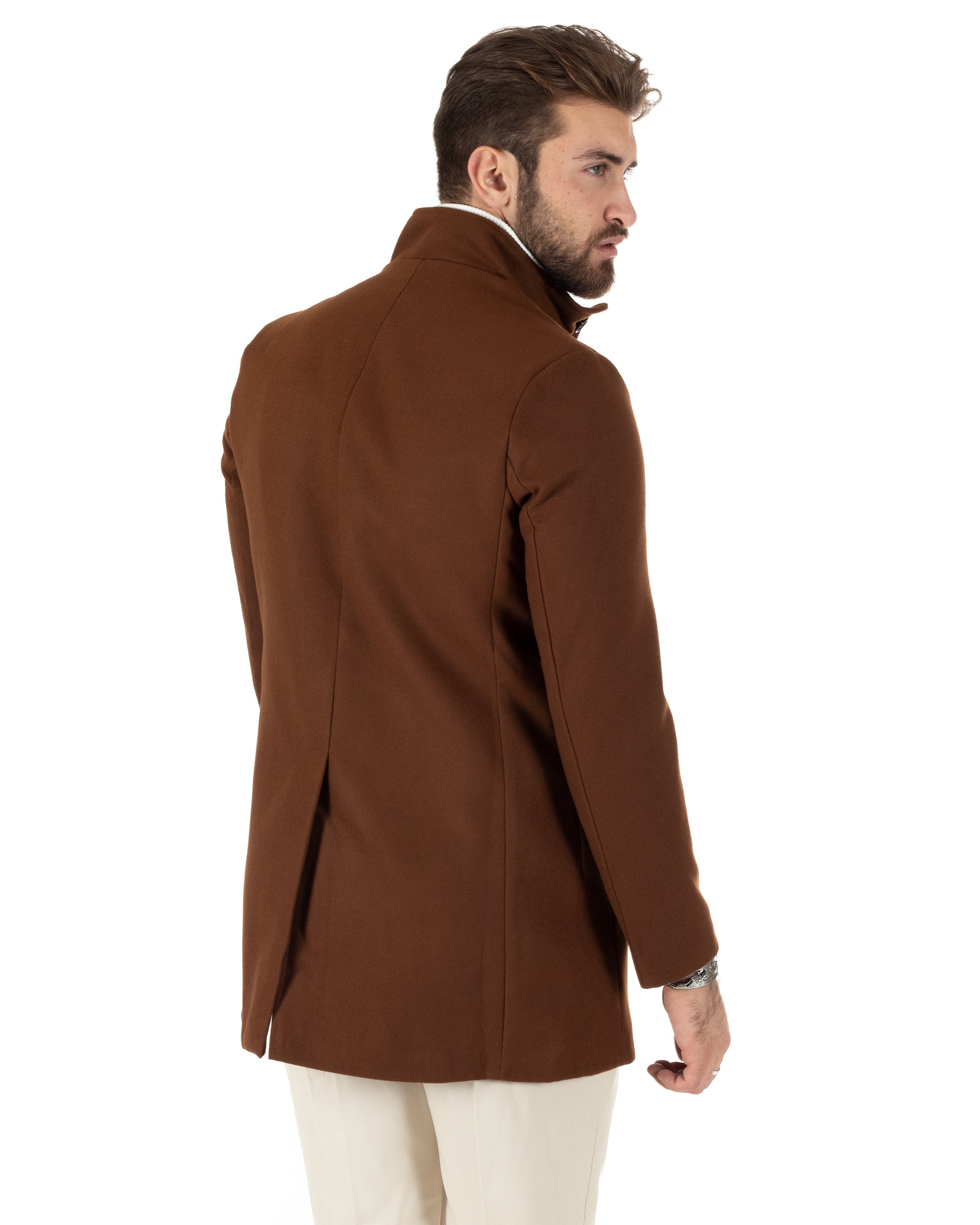 Cappotto Monopetto Uomo Giacca Collo Coreano Giaccone Lungo Tabacco Baronetto Elegante GIOSAL-CO1019A