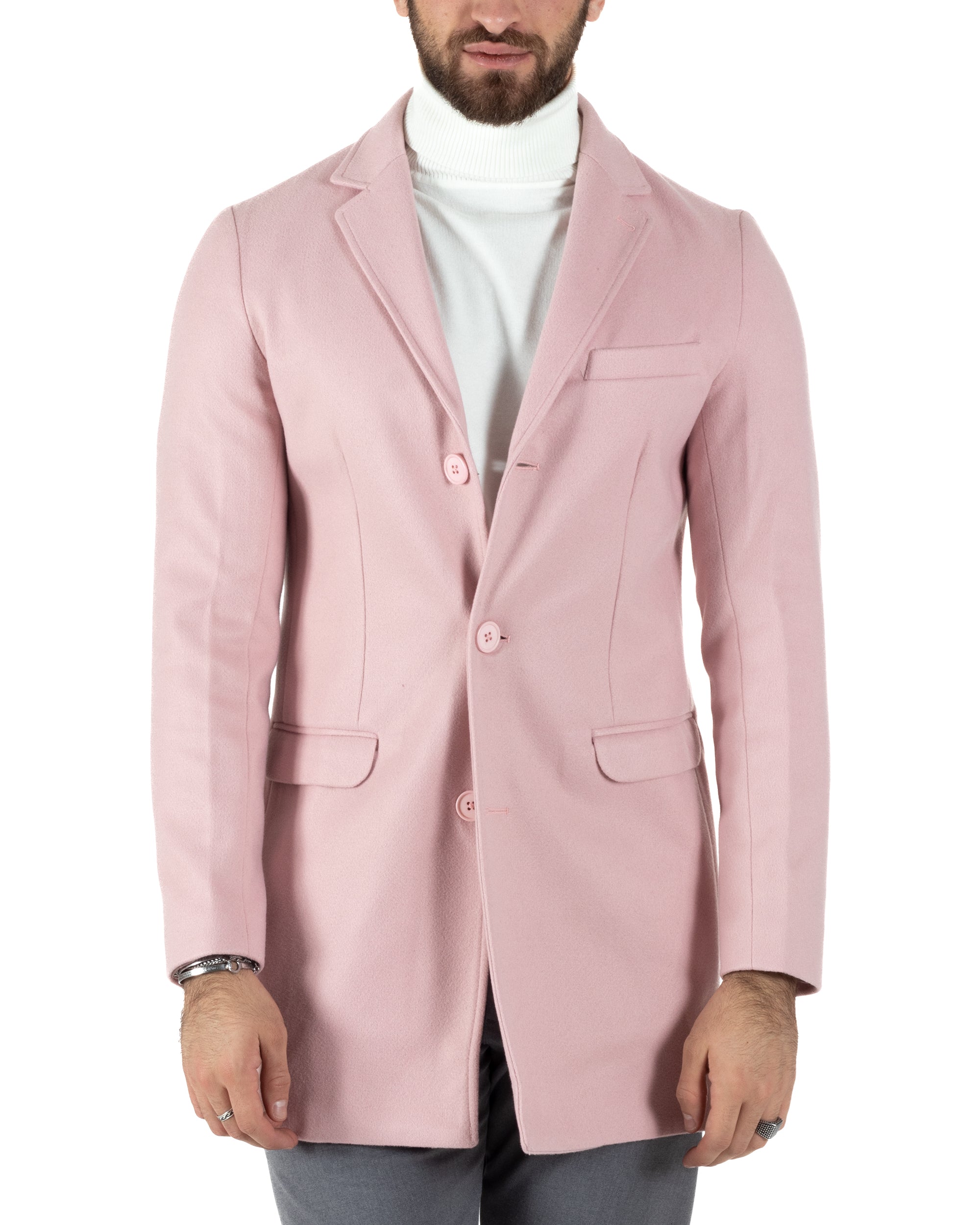 Cappotto Monopetto Uomo Giacca Colletto Rever Giaccone Tinta Unita Rosa Baronetto Elegante GIOSAL-CO1020A