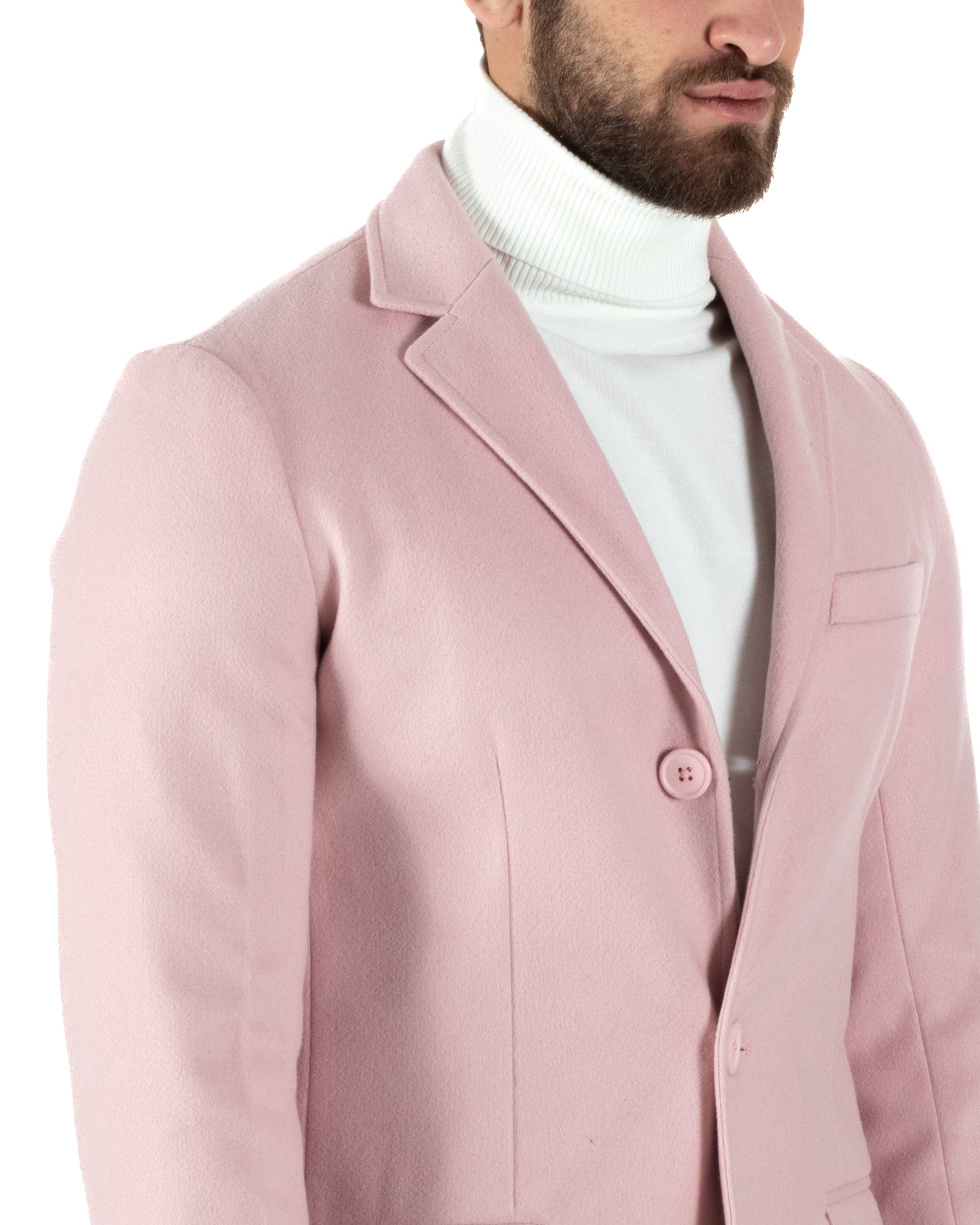 Cappotto Monopetto Uomo Giacca Colletto Reverse Giaccone Tinta Unita Rosa Baronetto Elegante GIOSAL-CO1020A