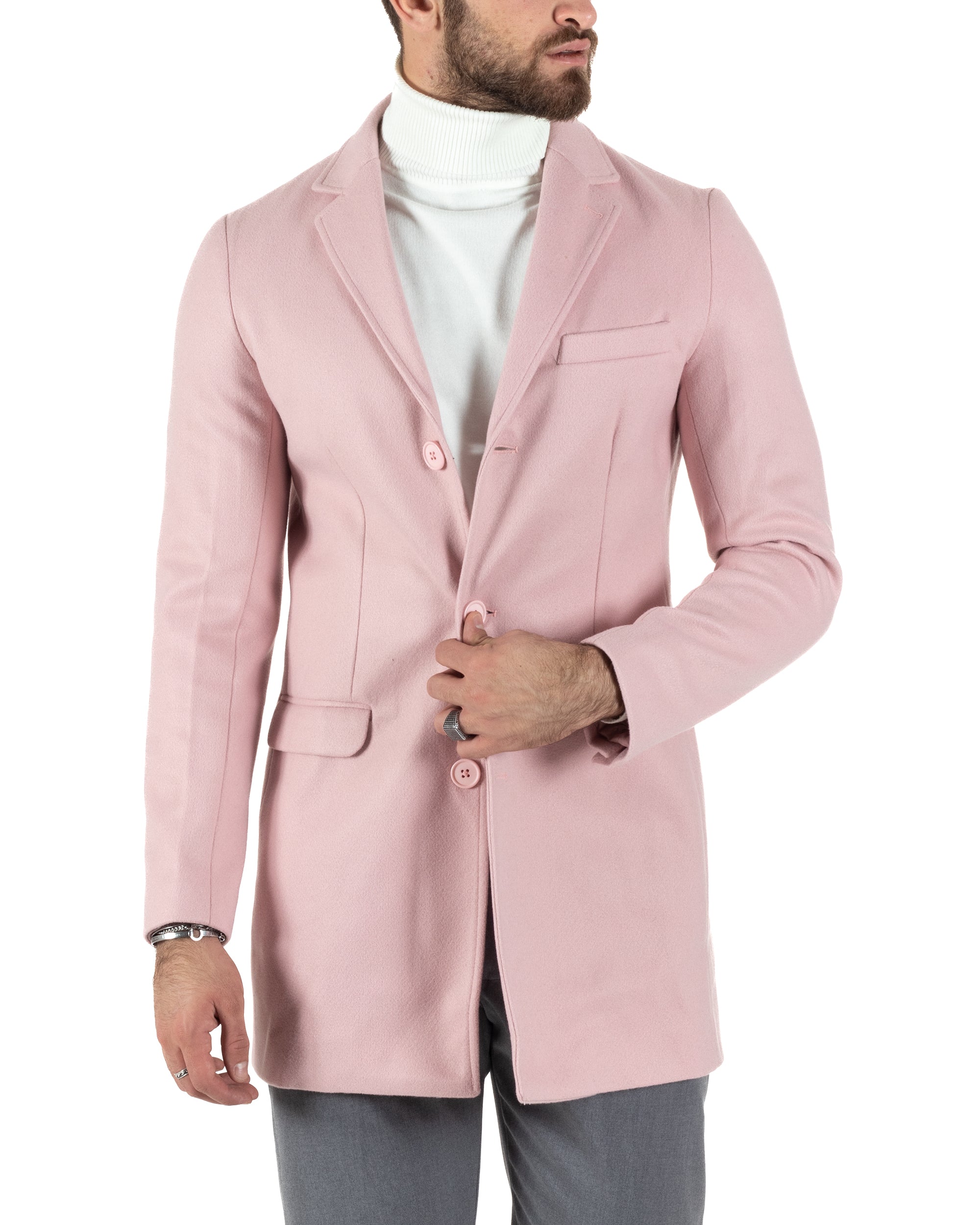 Cappotto Monopetto Uomo Giacca Colletto Rever Giaccone Tinta Unita Rosa Baronetto Elegante GIOSAL-CO1020A