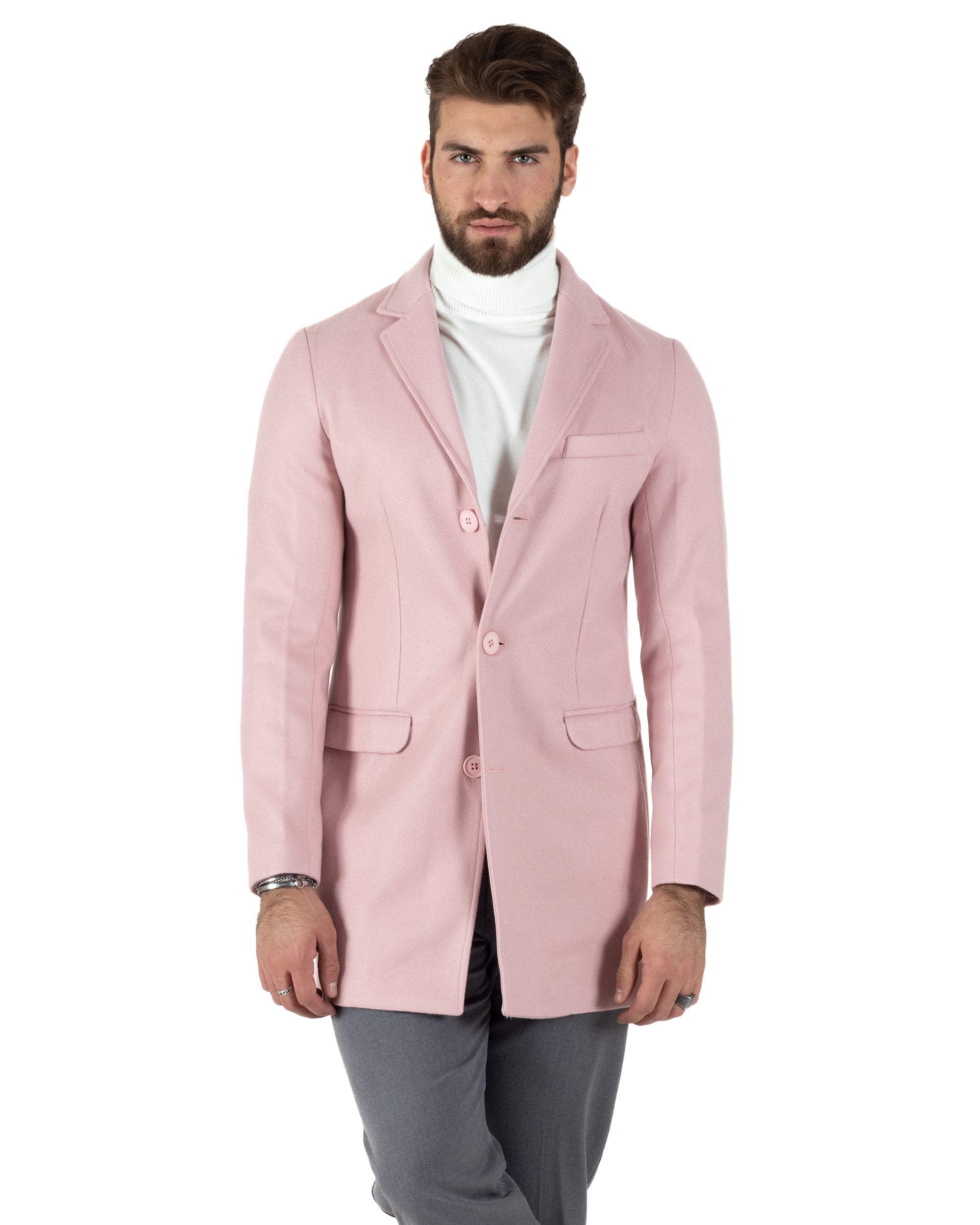 Cappotto Monopetto Uomo Giacca Colletto Rever Giaccone Tinta Unita Rosa Baronetto Elegante GIOSAL-CO1020A