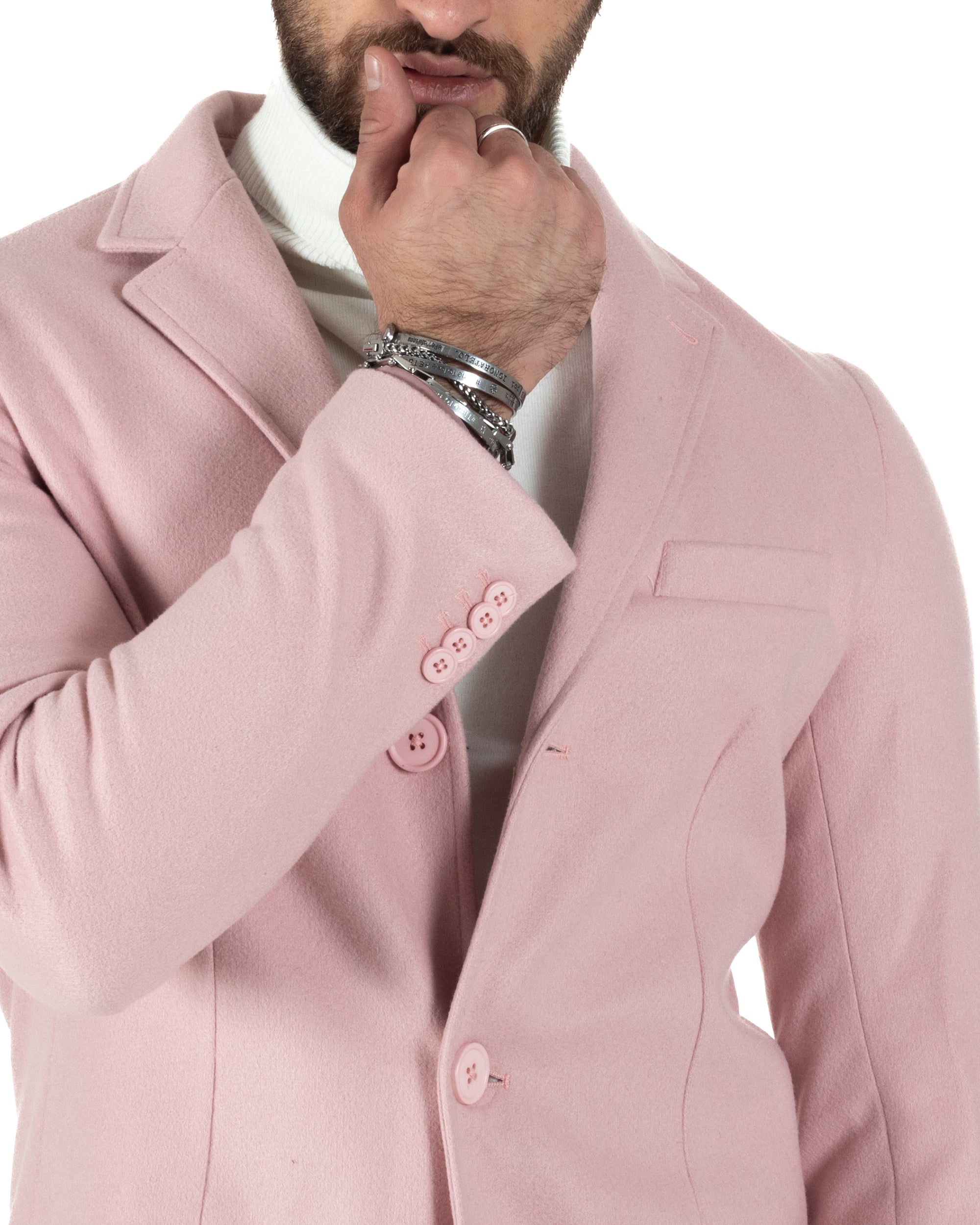 Cappotto Monopetto Uomo Giacca Colletto Reverse Giaccone Tinta Unita Rosa Baronetto Elegante GIOSAL-CO1020A