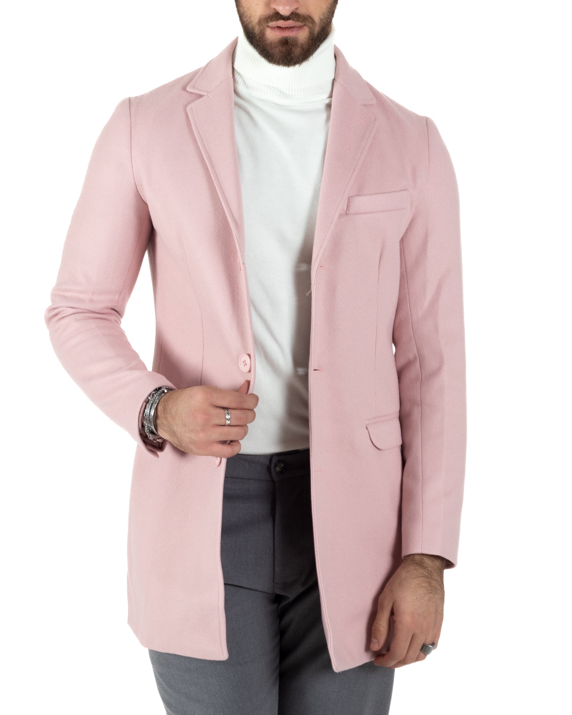 Cappotto Monopetto Uomo Giacca Colletto Rever Giaccone Tinta Unita Rosa Baronetto Elegante GIOSAL-CO1020A