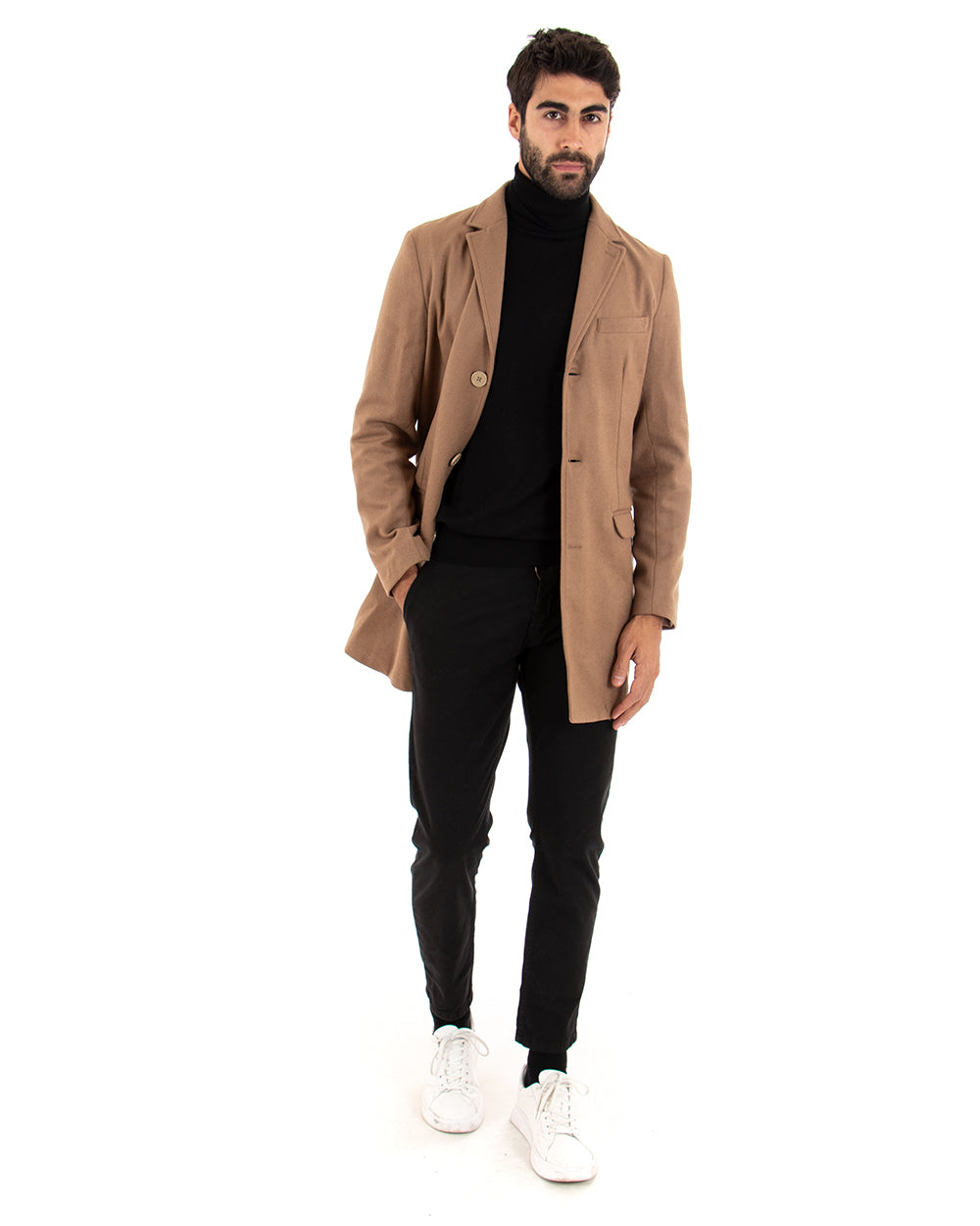 Cappotto Monopetto Uomo Giacca Colletto Rever Giaccone Tinta Unita Camel Baronetto Elegante GIOSAL-CO1022A