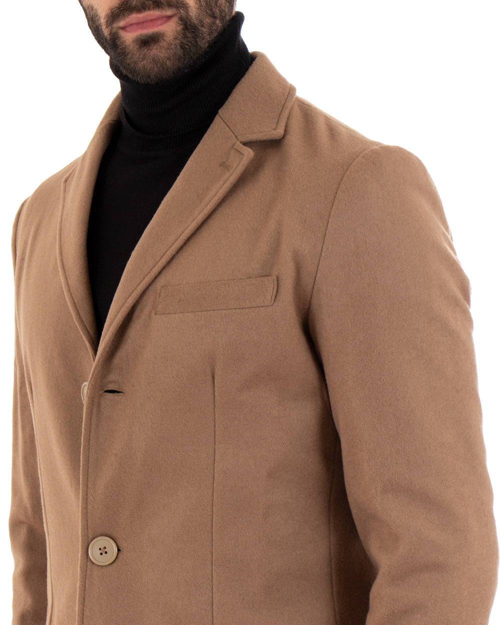 Cappotto Monopetto Uomo Giacca Colletto Rever Giaccone Tinta Unita Camel Baronetto Elegante GIOSAL-CO1022A