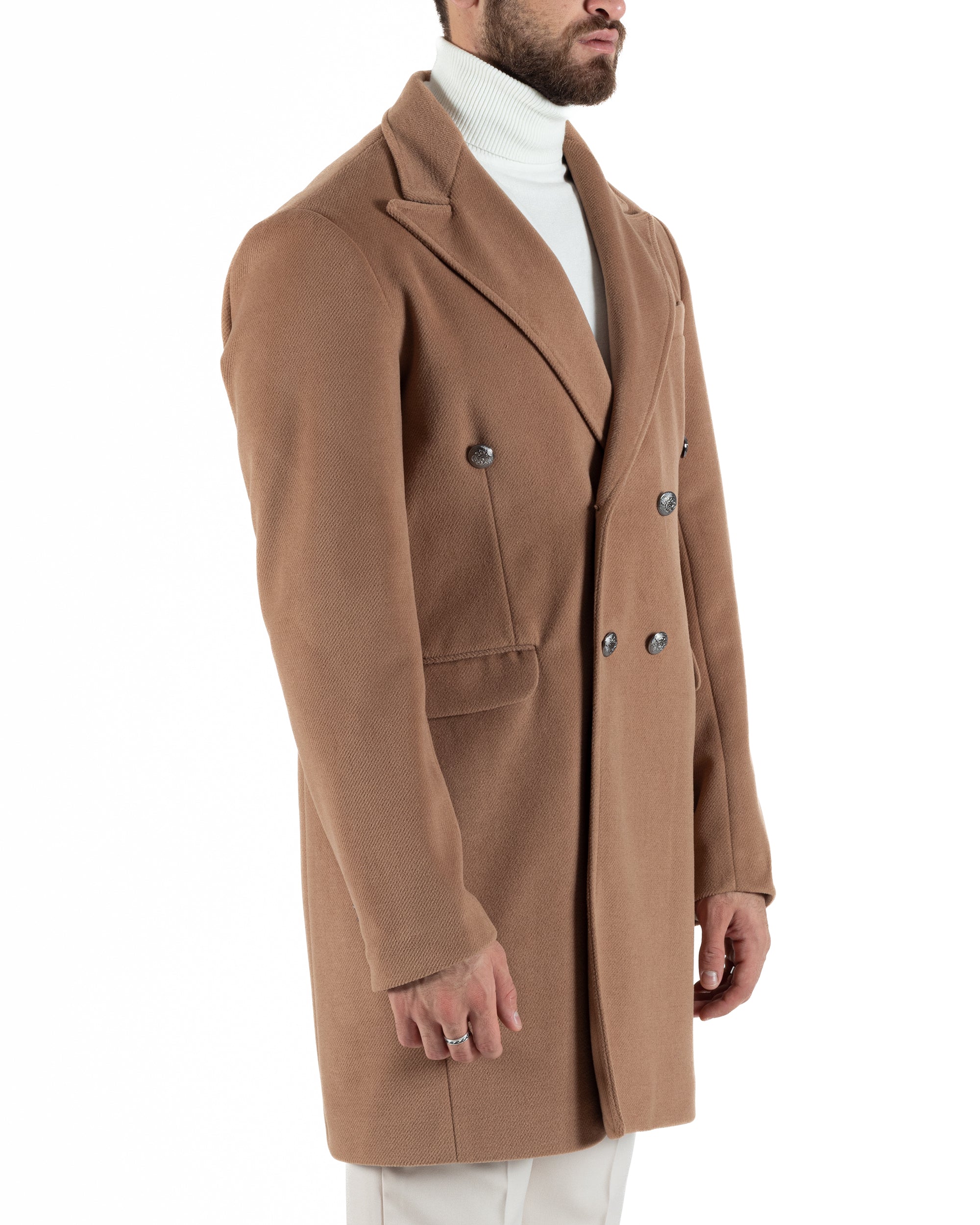 Cappotto Doppiopetto Uomo Con Colletto Giaccone Martingala Camel Elegante Tessuto Diagonale GIOSAL-CO1024A