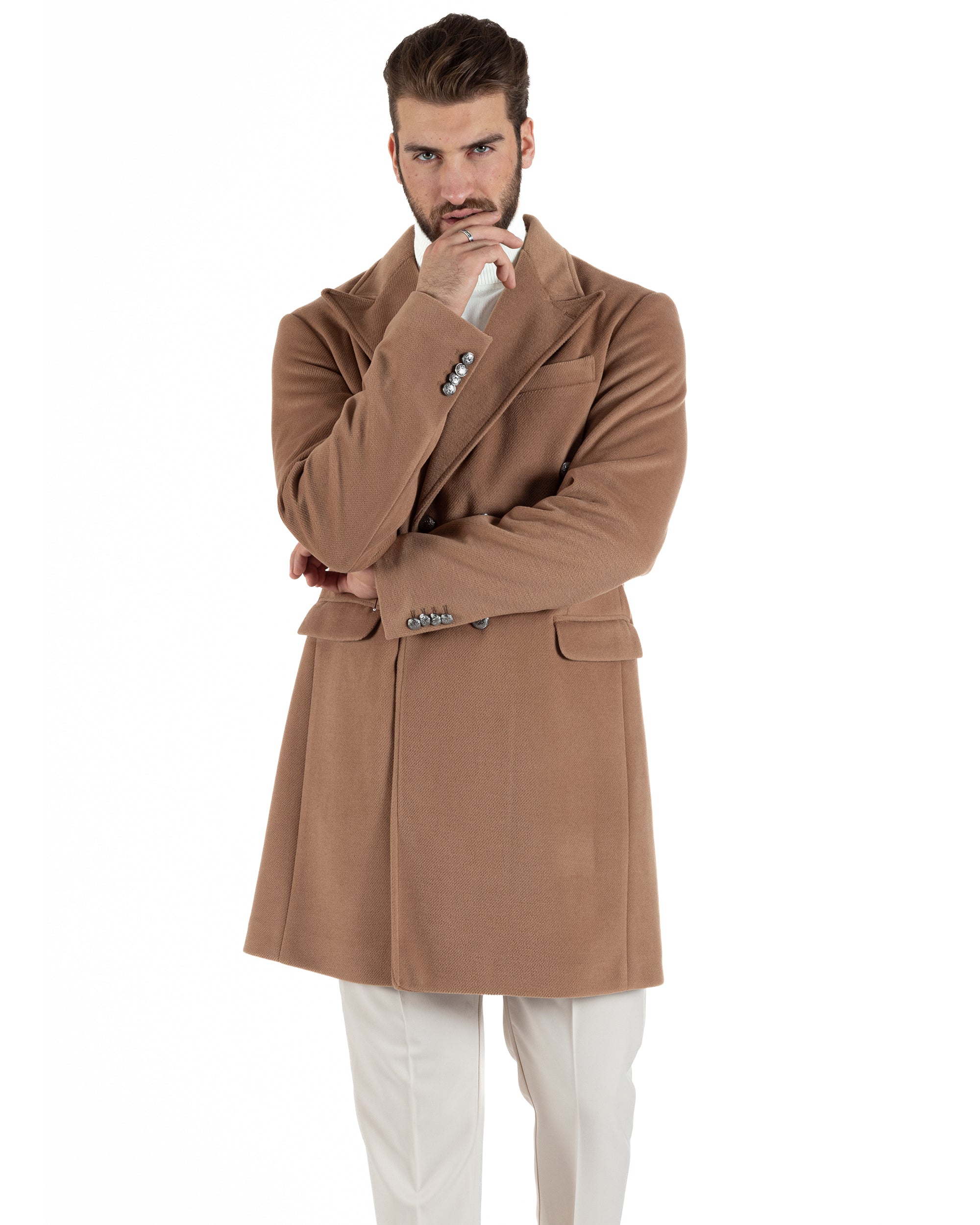 Cappotto Doppiopetto Uomo Con Colletto Giaccone Martingala Camel Elegante Tessuto Diagonale GIOSAL-CO1024A