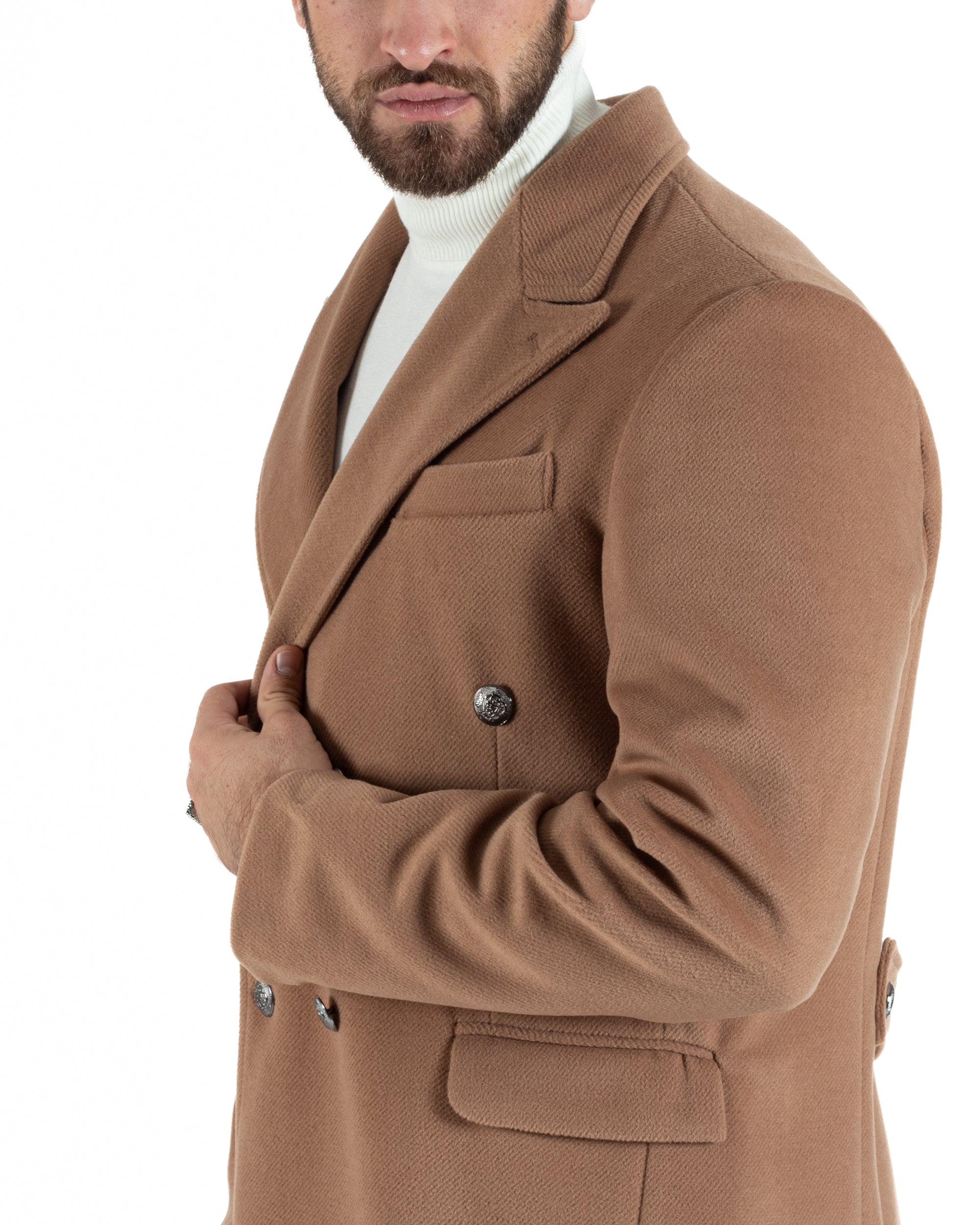 Cappotto Doppiopetto Uomo Con Colletto Giaccone Martingala Camel Elegante Tessuto Diagonale GIOSAL-CO1024A