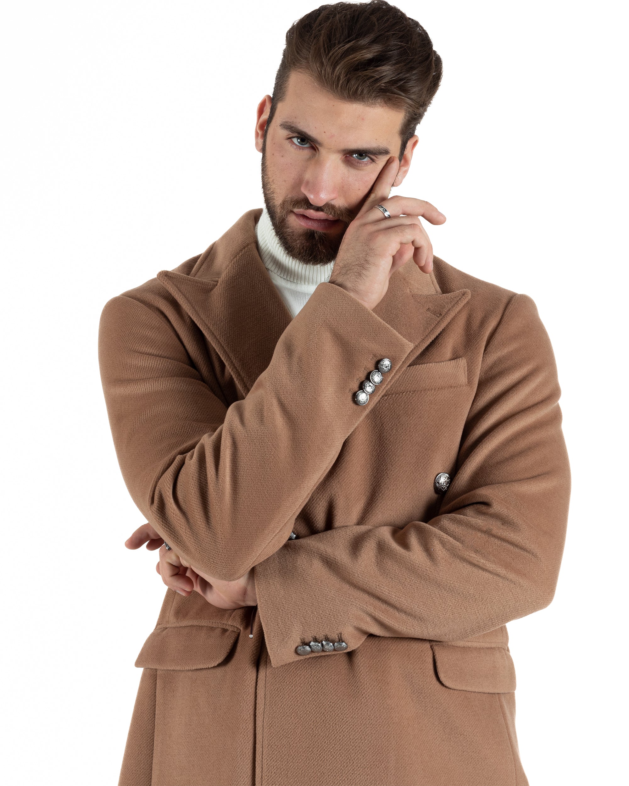 Cappotto Doppiopetto Uomo Con Colletto Giaccone Martingala Camel Elegante Tessuto Diagonale GIOSAL-CO1024A