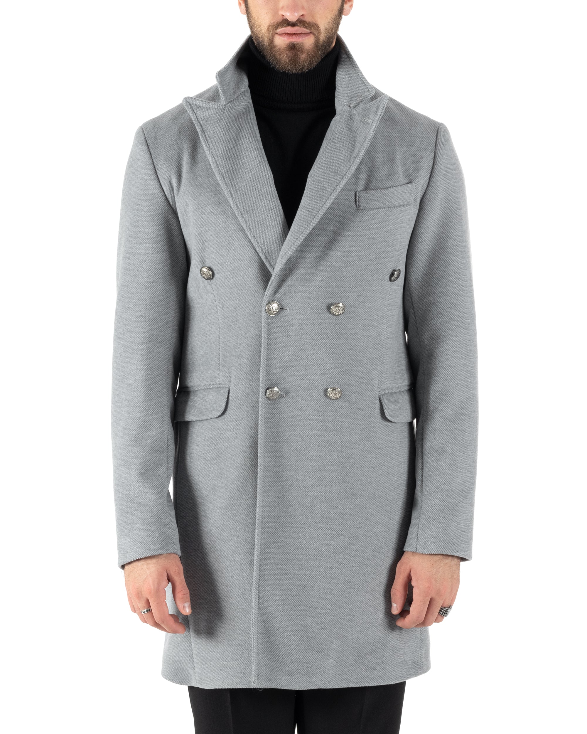 Cappotto Doppiopetto Uomo Con Colletto Giaccone Martingala Grigio Elegante Tessuto Diagonale GIOSAL-CO1027A